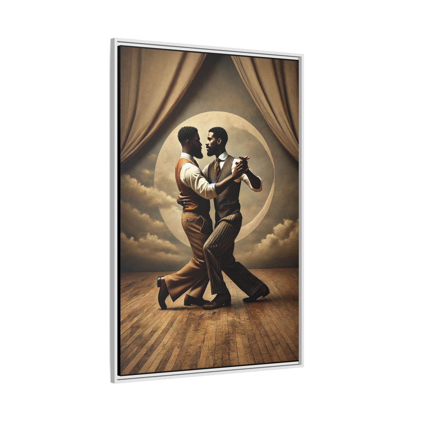 Original artwork of two Black men ballroom dancing in vintage 1920s suits under a glowing moon backdrop. A romantic and powerful tribute to queer love and Black history that reclaims moments lost to systemic bias and cultural erasure.