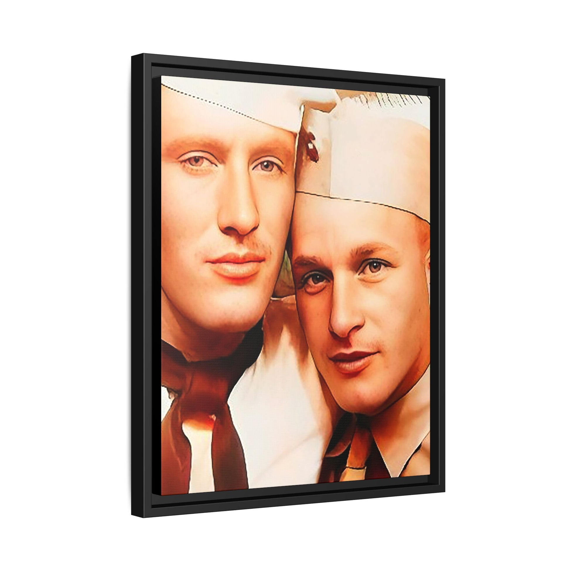 Vintage Gay photo booth portrait of Glenn & Sidney in Nantucket, MA. A heartwarming tribute to queer history, captured in a candid embrace. Available as a matte canvas print, perfect for celebrating love, identity, and nostalgia. Military Portrait