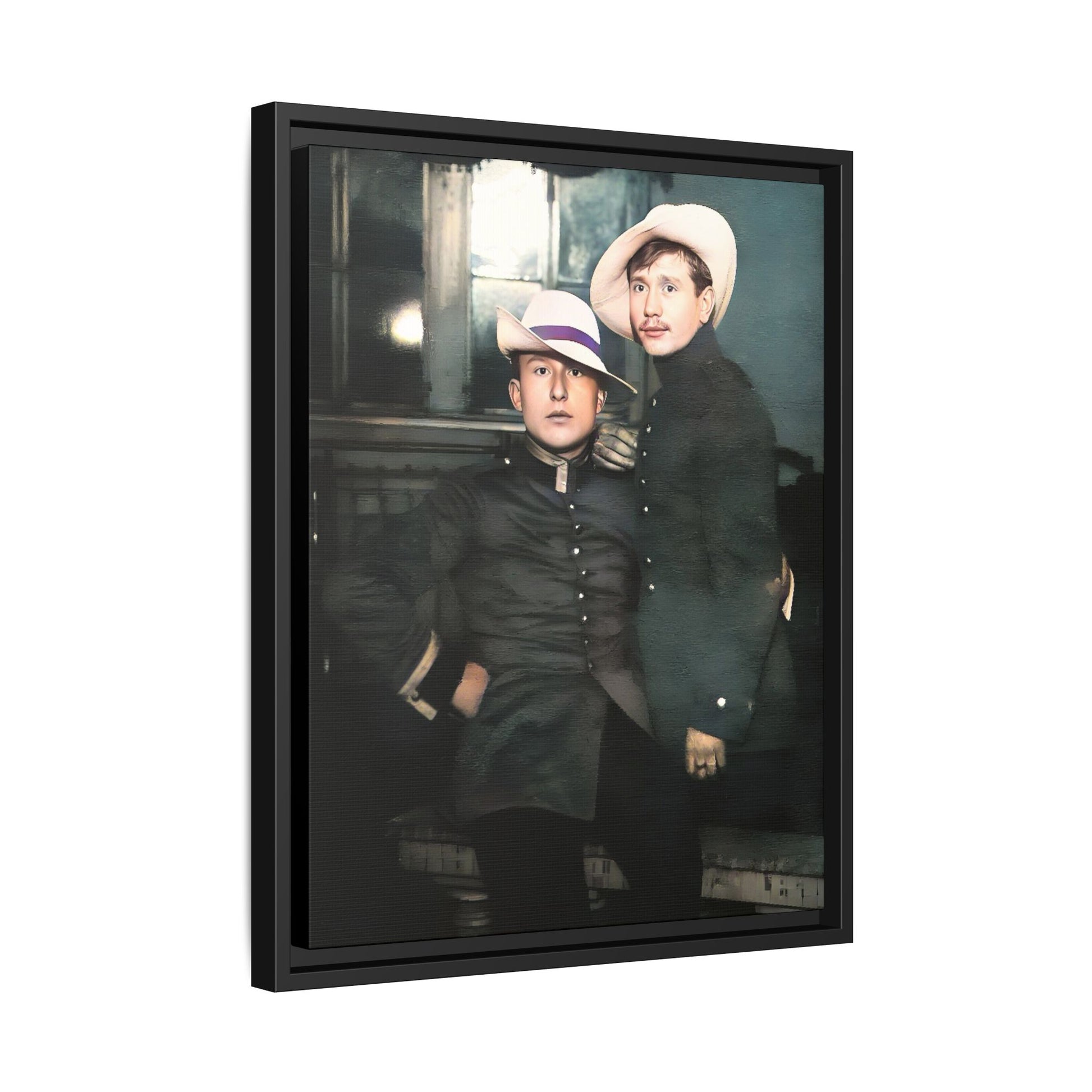 Restored vintage photograph of Flavio and Eustolio, an early 20th-century Gay military couple from El Paso, Texas. Displayed as a framed matte canvas print, showcasing timeless love and resilience