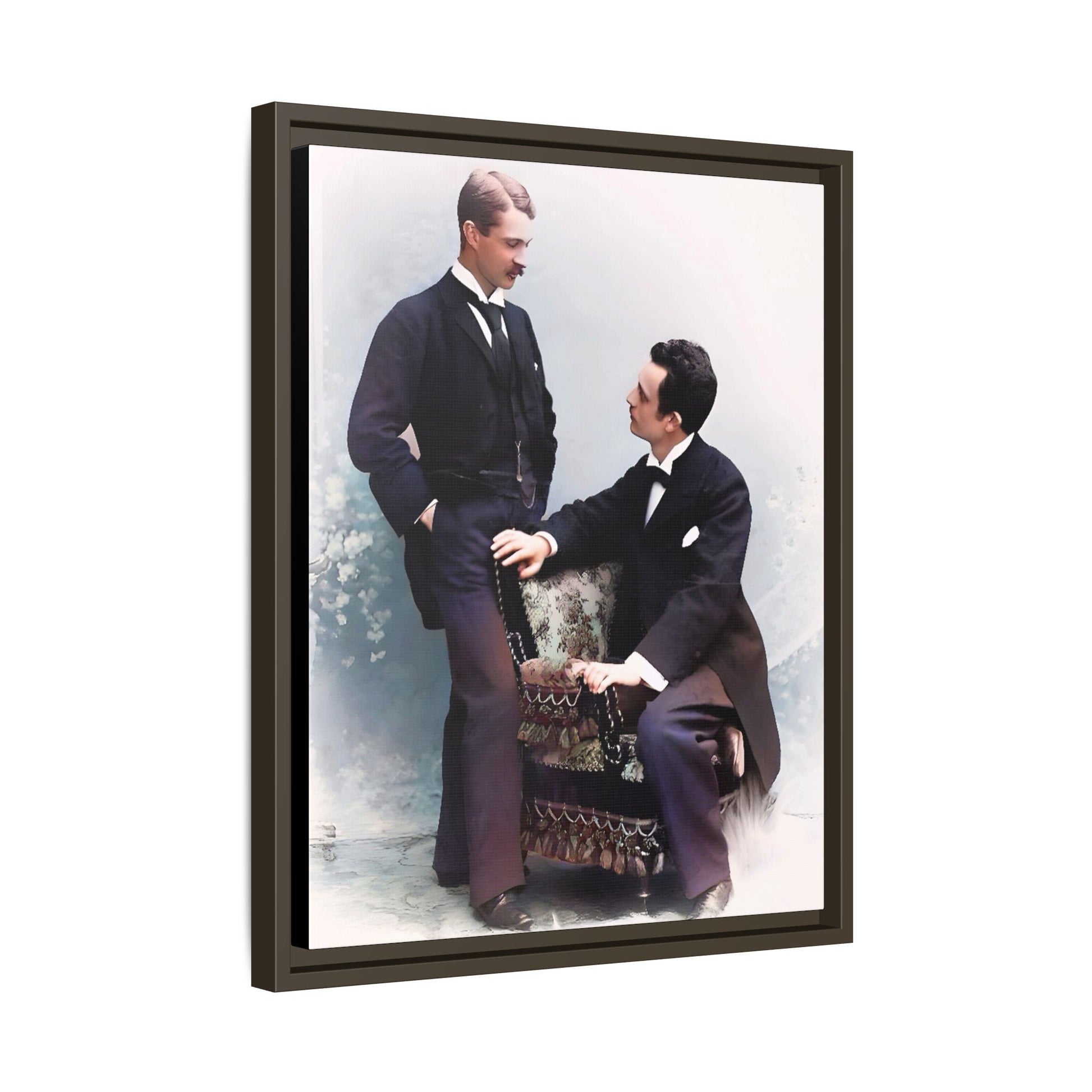 A beautifully restored vintage portrait of Ernest & Richard in Wilmington, North Carolina, exuding elegance and deep connection. Dressed in refined suits, their poised expressions capture a timeless LGBTQ+ love story, making this framed matte canvas print a stunning historical art piece for collectors and enthusiasts.