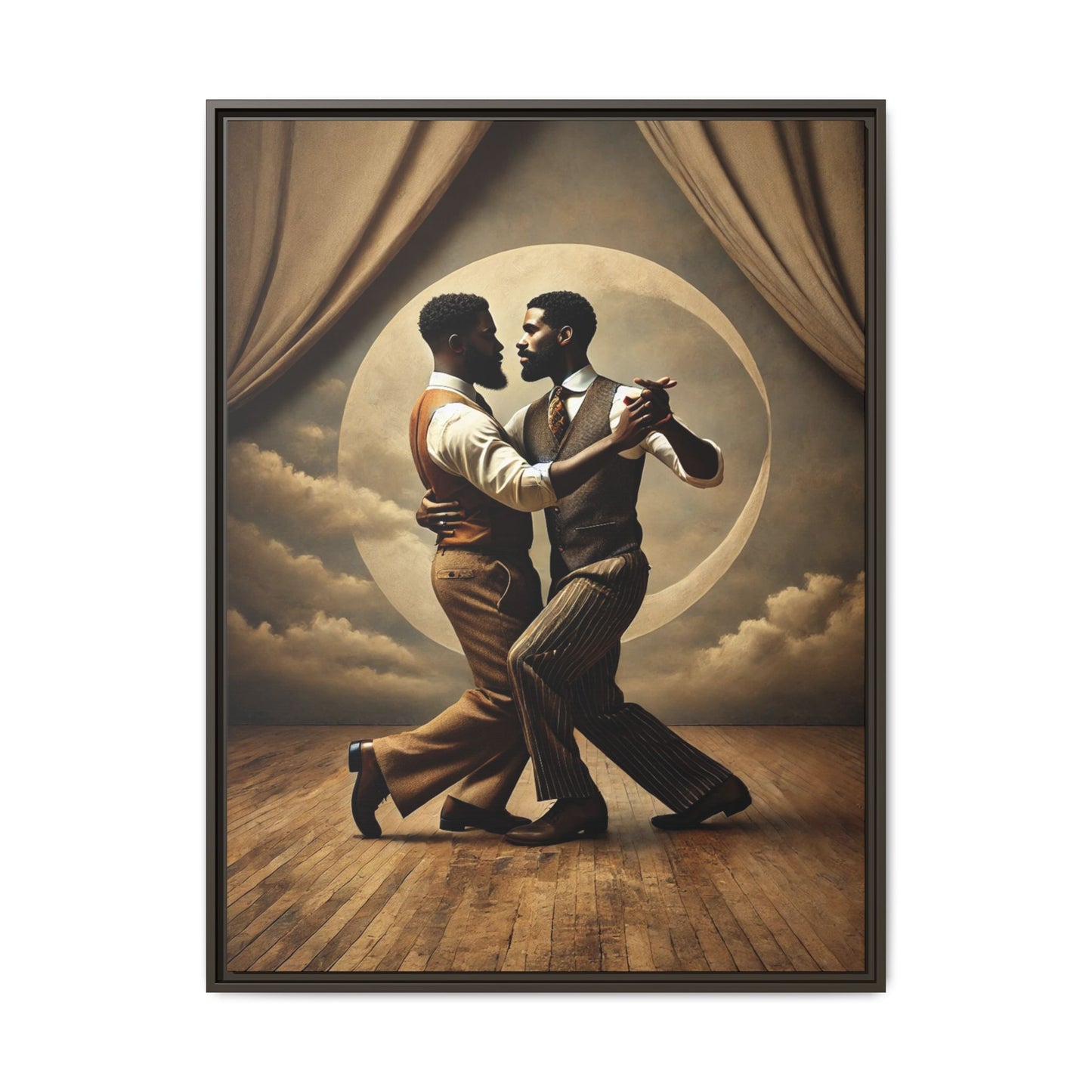 Original artwork of two Black men ballroom dancing in vintage 1920s suits under a glowing moon backdrop. A romantic and powerful tribute to queer love and Black history that reclaims moments lost to systemic bias and cultural erasure.