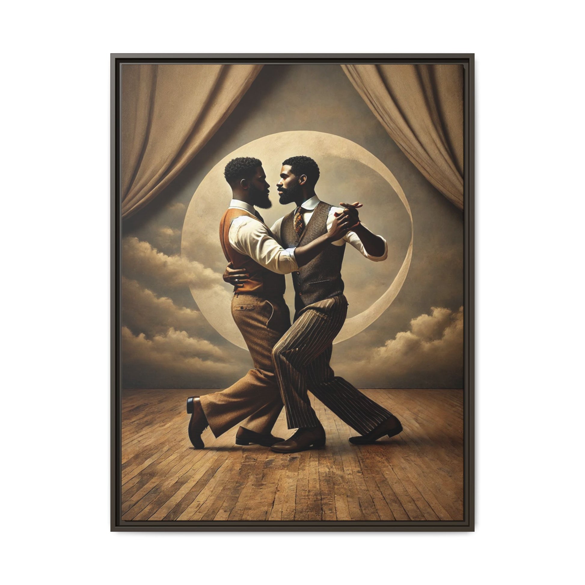 Original artwork of two Black men ballroom dancing in vintage 1920s suits under a glowing moon backdrop. A romantic and powerful tribute to queer love and Black history that reclaims moments lost to systemic bias and cultural erasure.