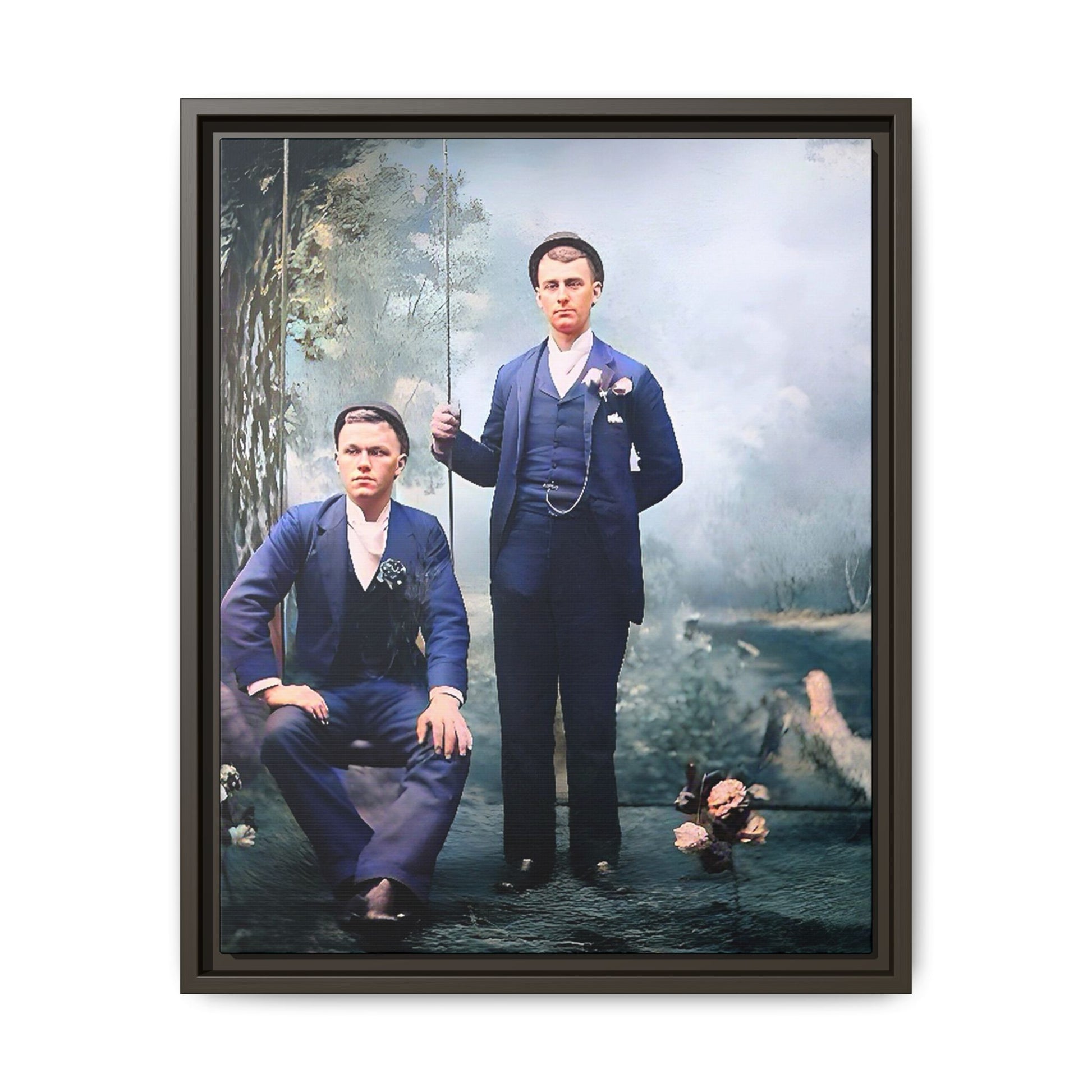 A restored vintage portrait of David & Earnest in Monongahela City, Pennsylvania. This framed matte canvas honors LGBTQ+ history, elegance, and enduring love. Gay Couple