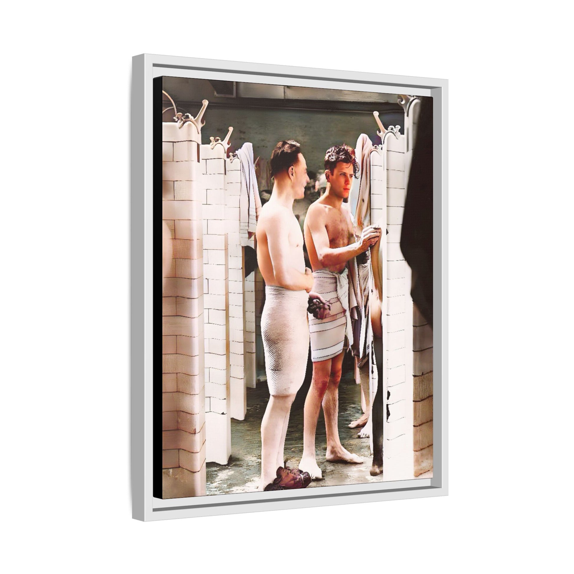 A restored and colorized vintage photo of Everard Baths in Manhattan, NYC. This framed matte canvas print celebrates LGBTQ+ history, capturing the spirit of camaraderie, liberation, and hidden stories from the past.