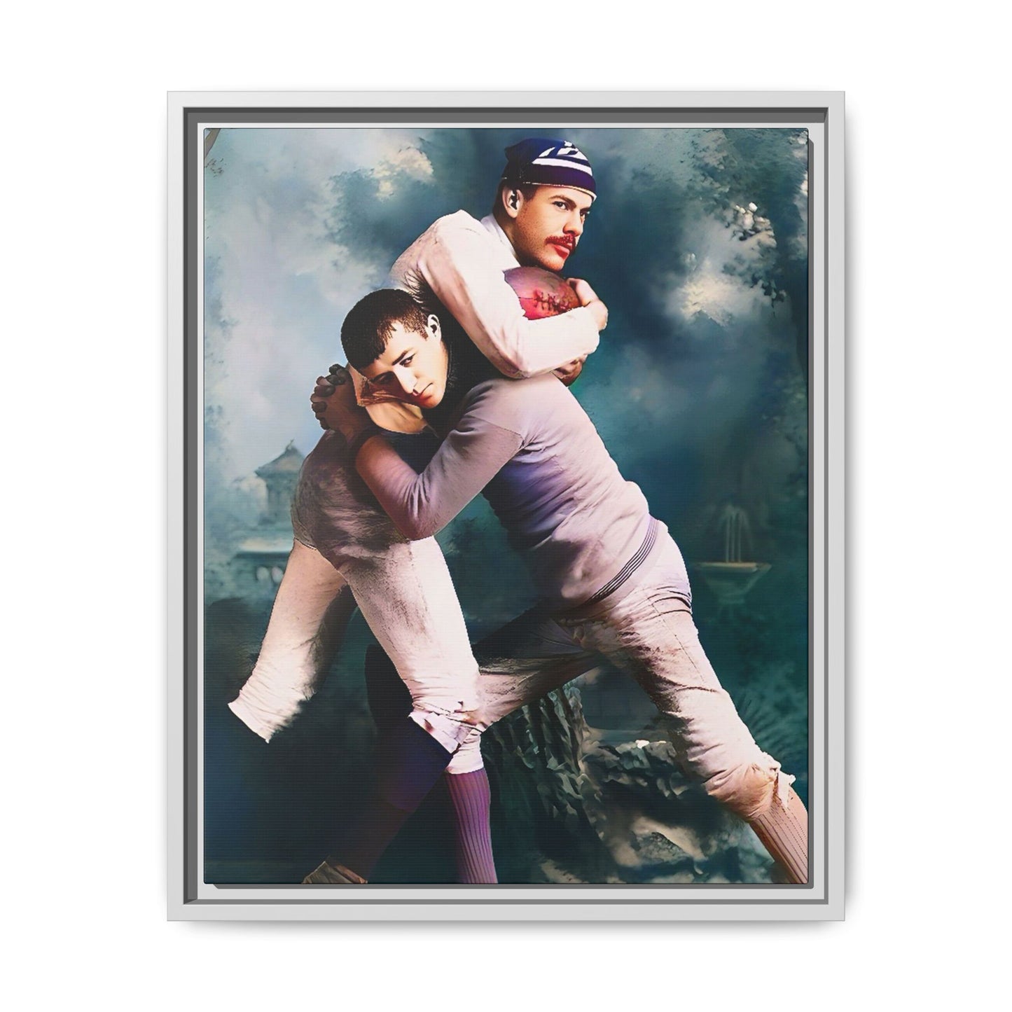 A framed vintage sports portrait on matte canvas featuring Theodore and Patrick in Chapel Hill, North Carolina, capturing timeless strength, camaraderie, and connection.