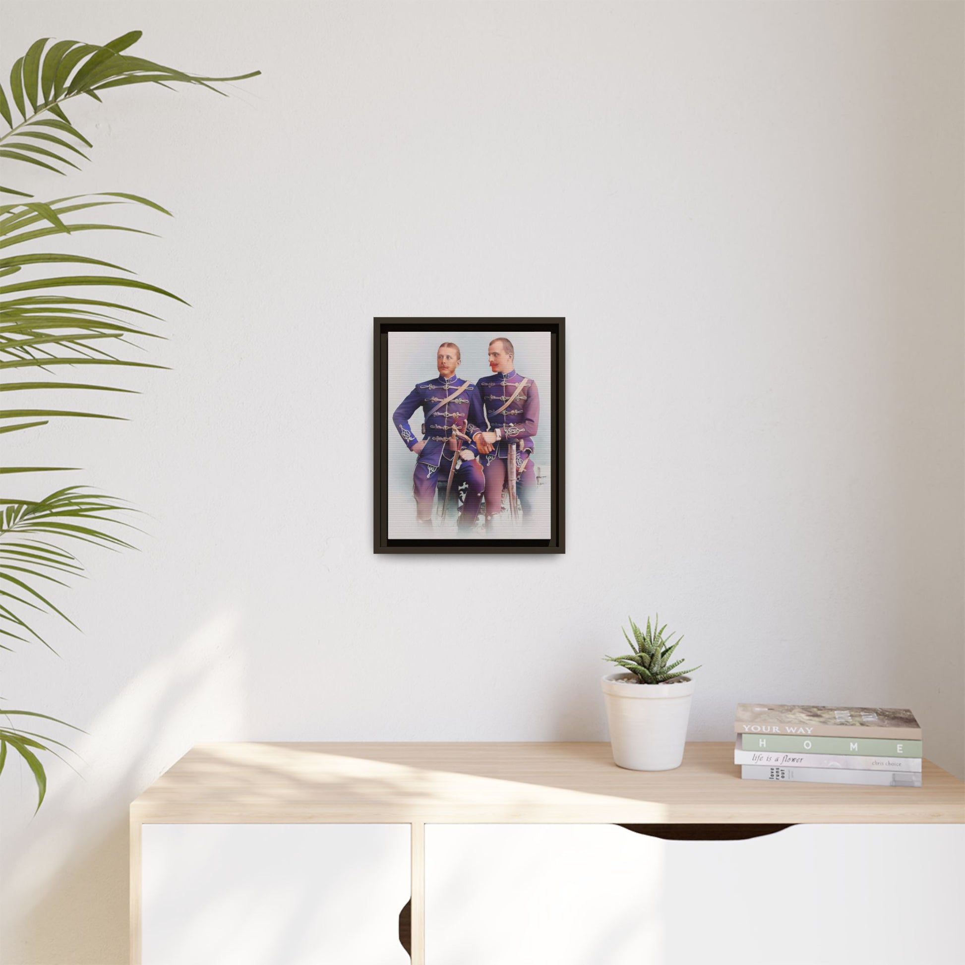 A restored vintage military portrait of Nicolae & Valeriu, elegantly framed to honor LGBTQ+ history and love.