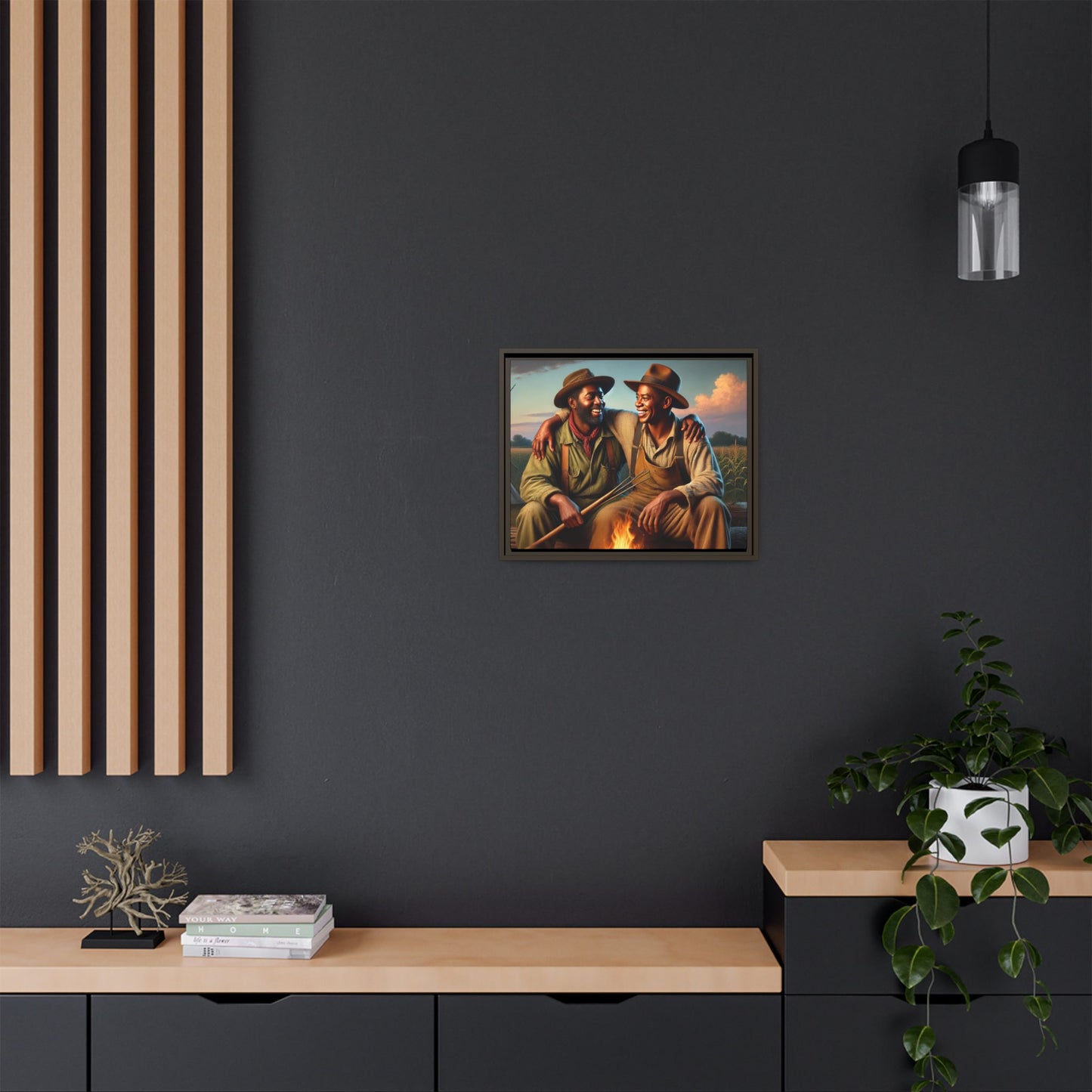 Artwork of an older African-American queer couple sharing a warm, joyful moment by a campfire in rural Iowa. Set against vast fields and an open sky, the scene captures love, resilience, and the nostalgic beauty of Americana, with firelight illuminating their laughter and companionship