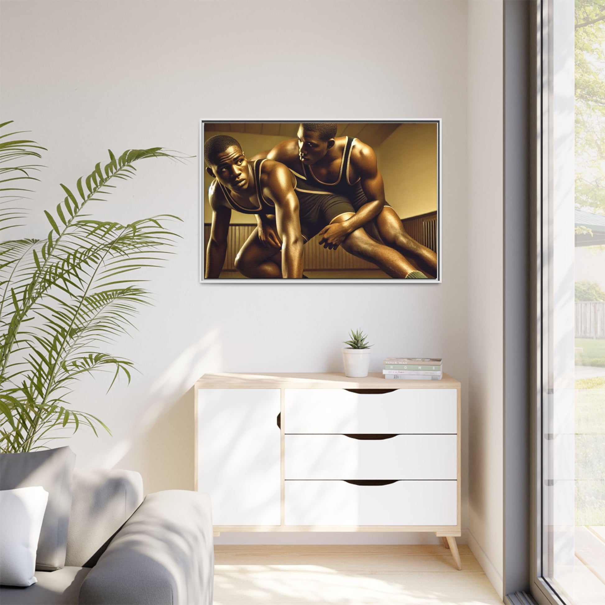 Framed artwork inspired by Grant Wood, showcasing African-American wrestlers in a vintage gymnasium setting. A powerful tribute to teamwork, resilience, and regionalist art.