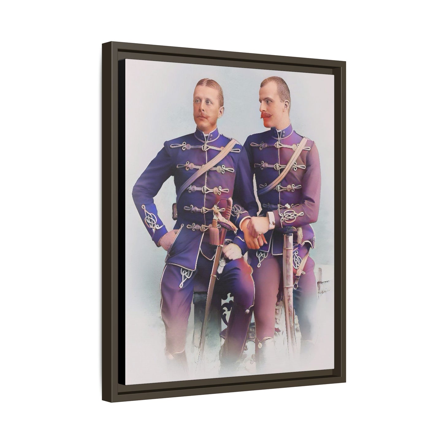 A restored vintage military portrait of Nicolae & Valeriu, elegantly framed to honor LGBTQ+ history and love.