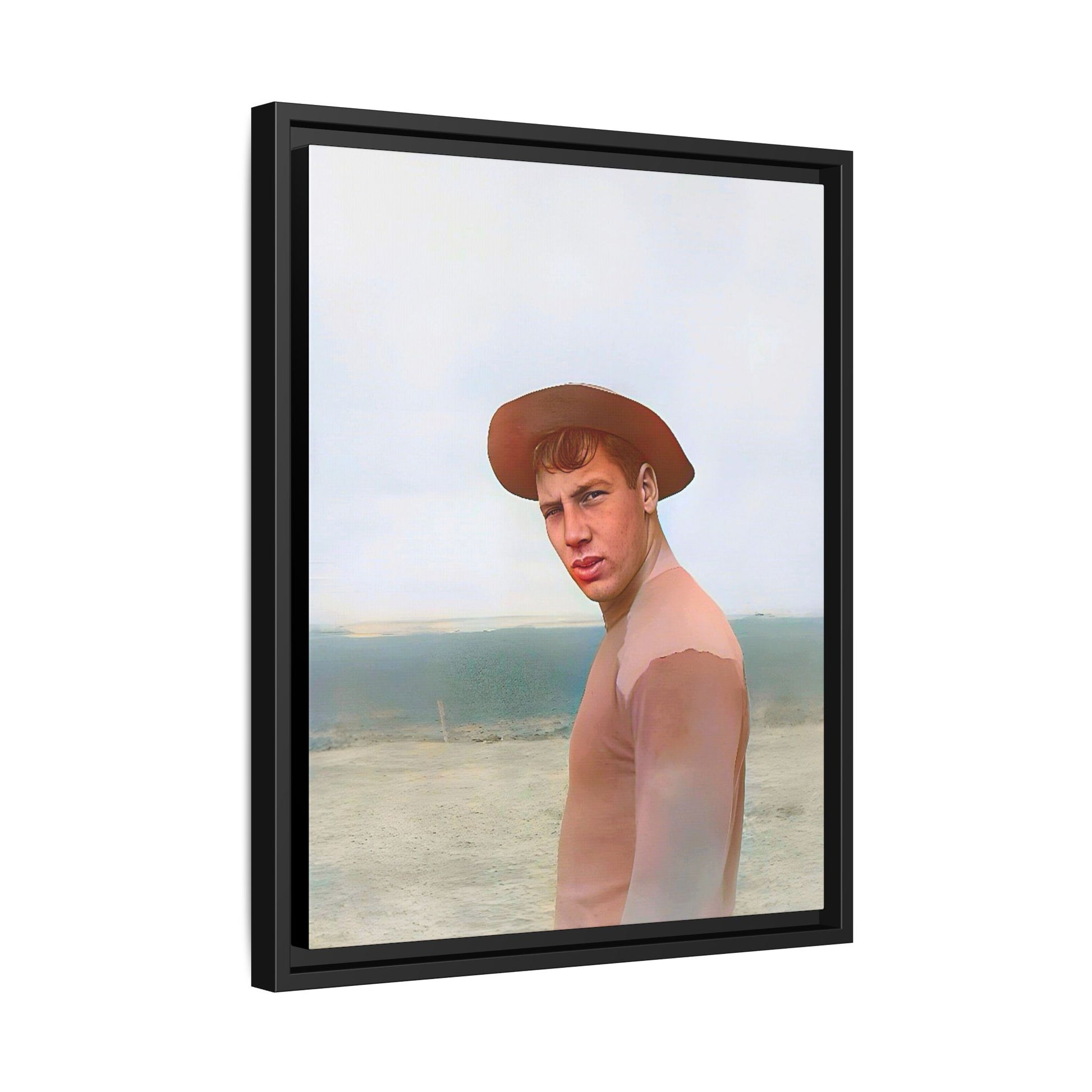 A framed vintage portrait on matte canvas featuring Victor at Cannon Beach, Oregon, capturing the rugged beauty of coastal life.