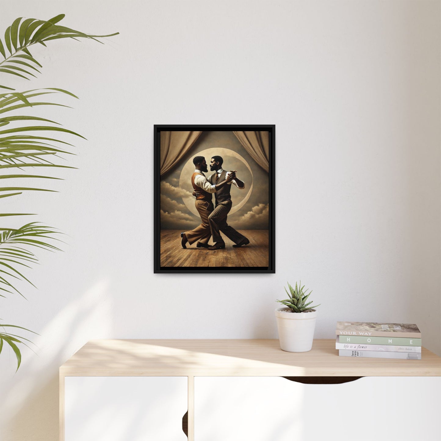 Original artwork of two Black men ballroom dancing in vintage 1920s suits under a glowing moon backdrop. A romantic and powerful tribute to queer love and Black history that reclaims moments lost to systemic bias and cultural erasure.