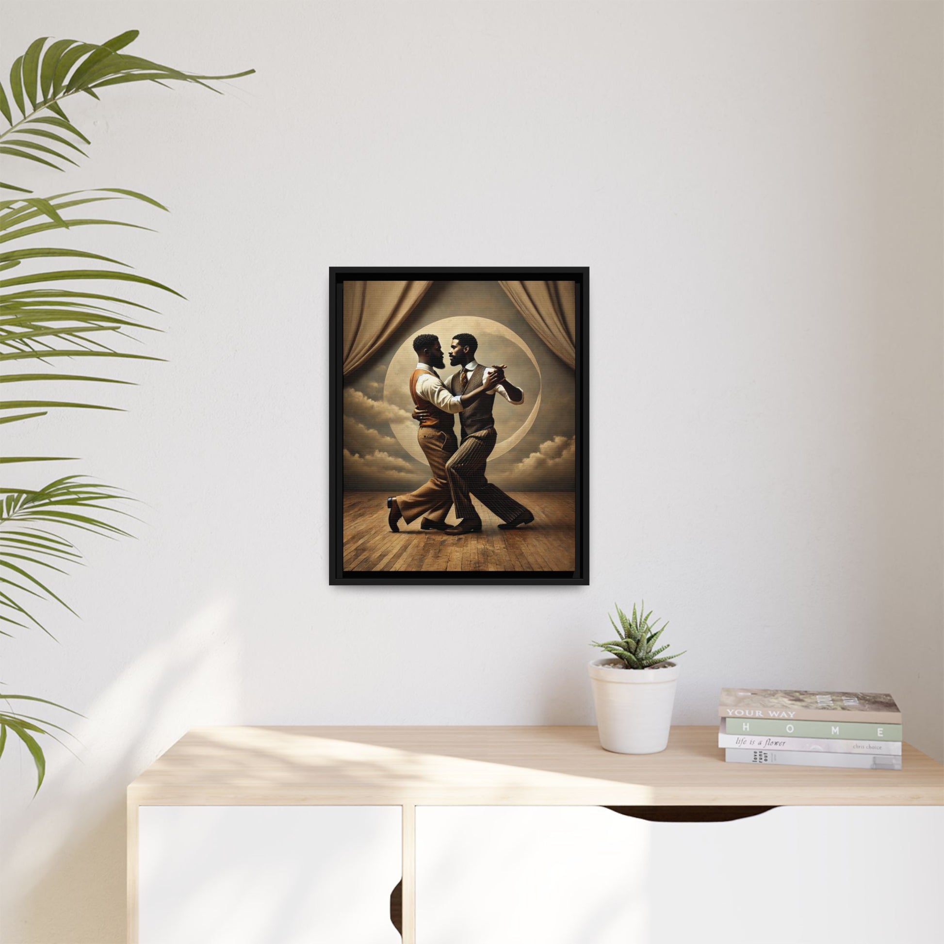 Original artwork of two Black men ballroom dancing in vintage 1920s suits under a glowing moon backdrop. A romantic and powerful tribute to queer love and Black history that reclaims moments lost to systemic bias and cultural erasure.
