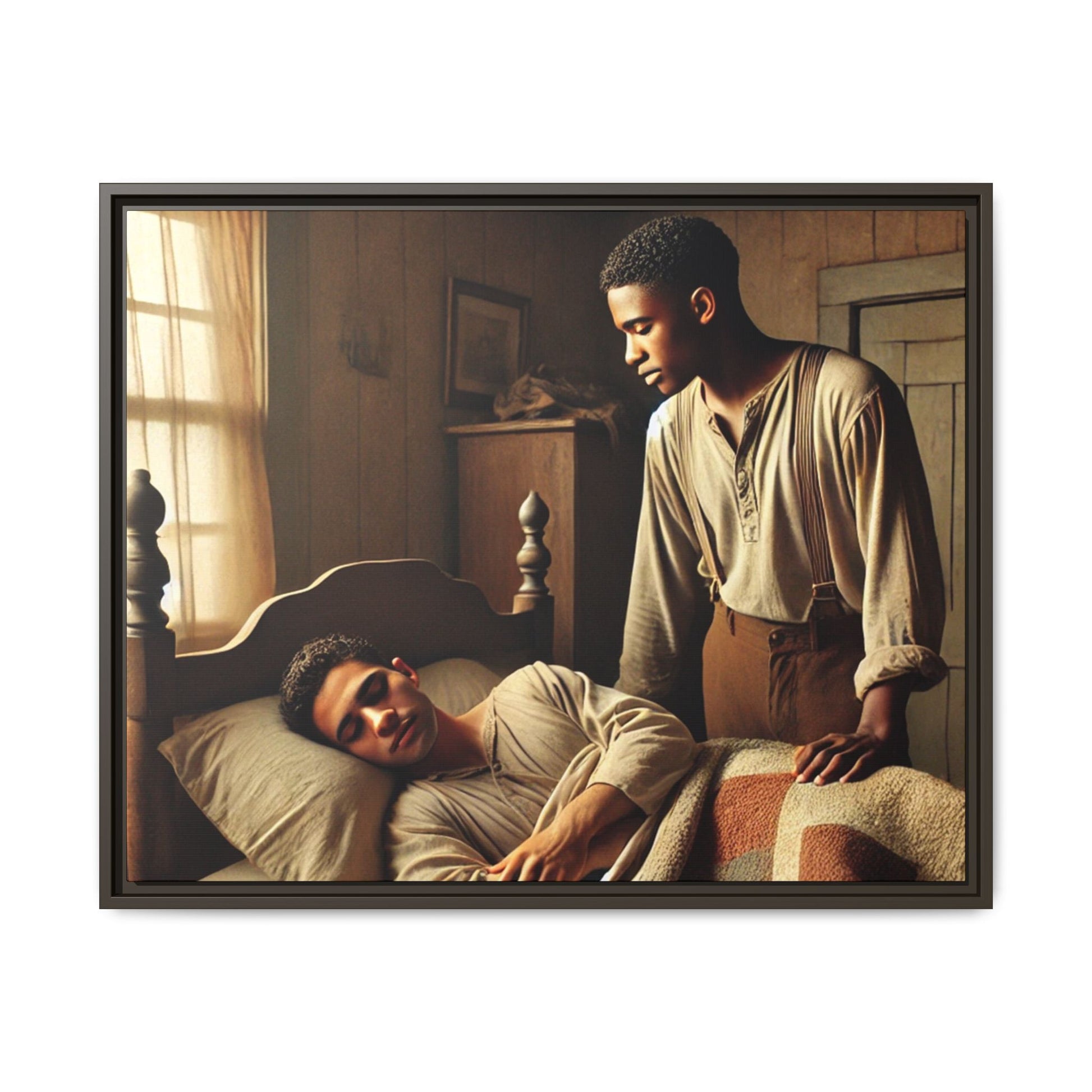 Grant 007 artwork depicting an African-American queer couple in a tender, intimate moment within a rustic bedroom. This scene, bathed in warm, nostalgic light, captures the love and quiet resilience of rural life, celebrating LGBTQ+ representation and African-American heritage.