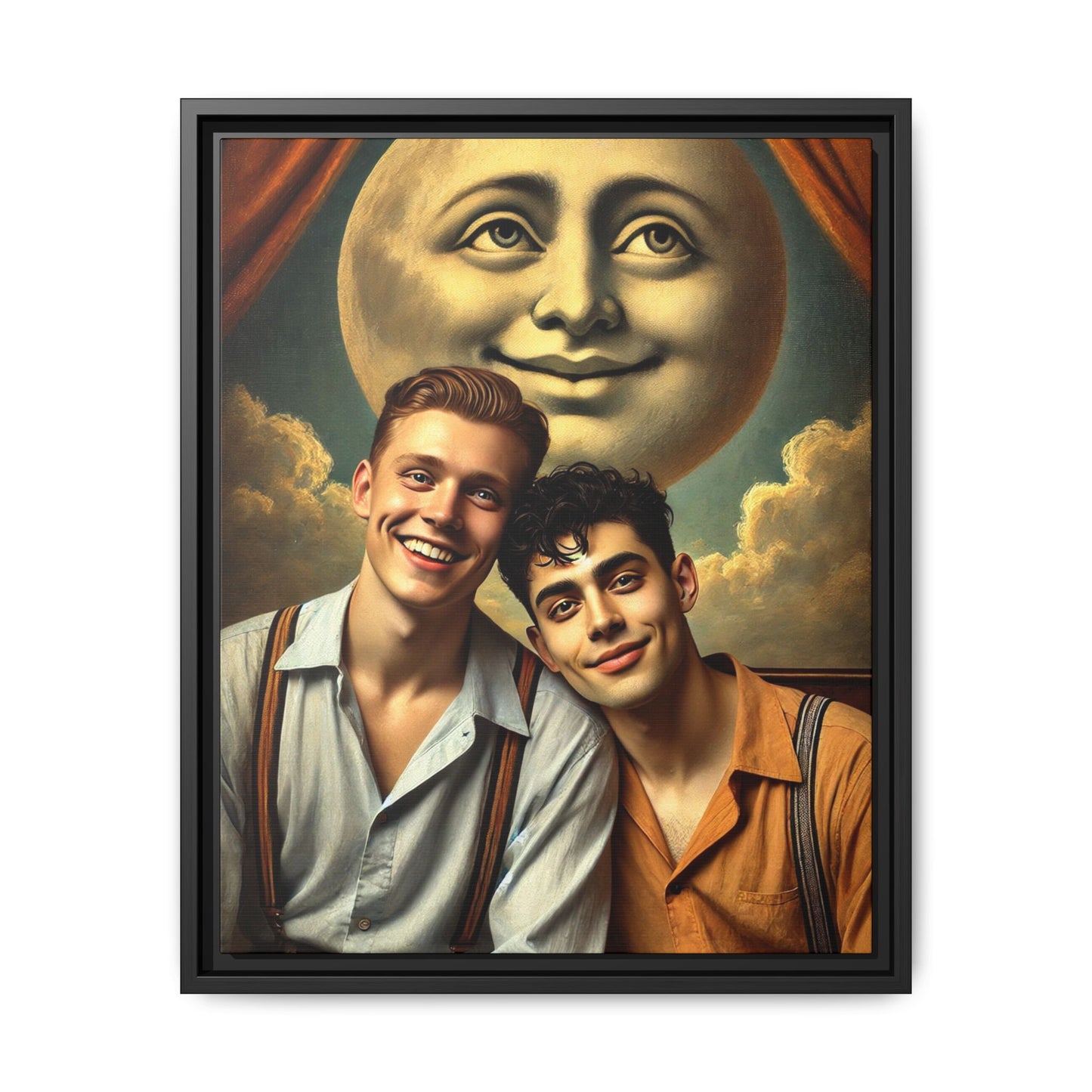 Framed artwork featuring a joyful queer couple in 1930s attire, seated close together beneath a smiling full moon in a theatrical studio setting. A celebration of reclaimed LGBTQ+ narratives in nostalgic portraiture.