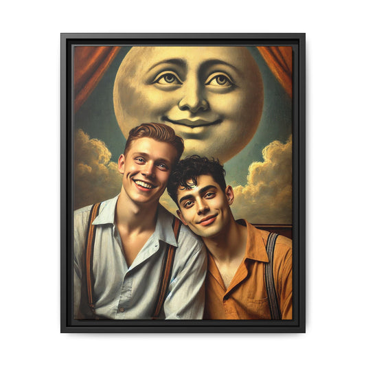 Framed artwork featuring a joyful queer couple in 1930s attire, seated close together beneath a smiling full moon in a theatrical studio setting. A celebration of reclaimed LGBTQ+ narratives in nostalgic portraiture.