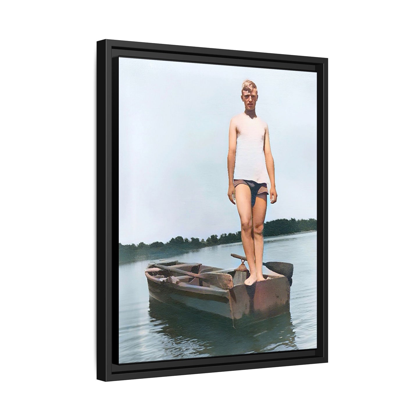 A framed vintage lake portrait on matte canvas featuring George standing on a rowboat at Creve Coeur Lake, Missouri, capturing timeless outdoor nostalgia.