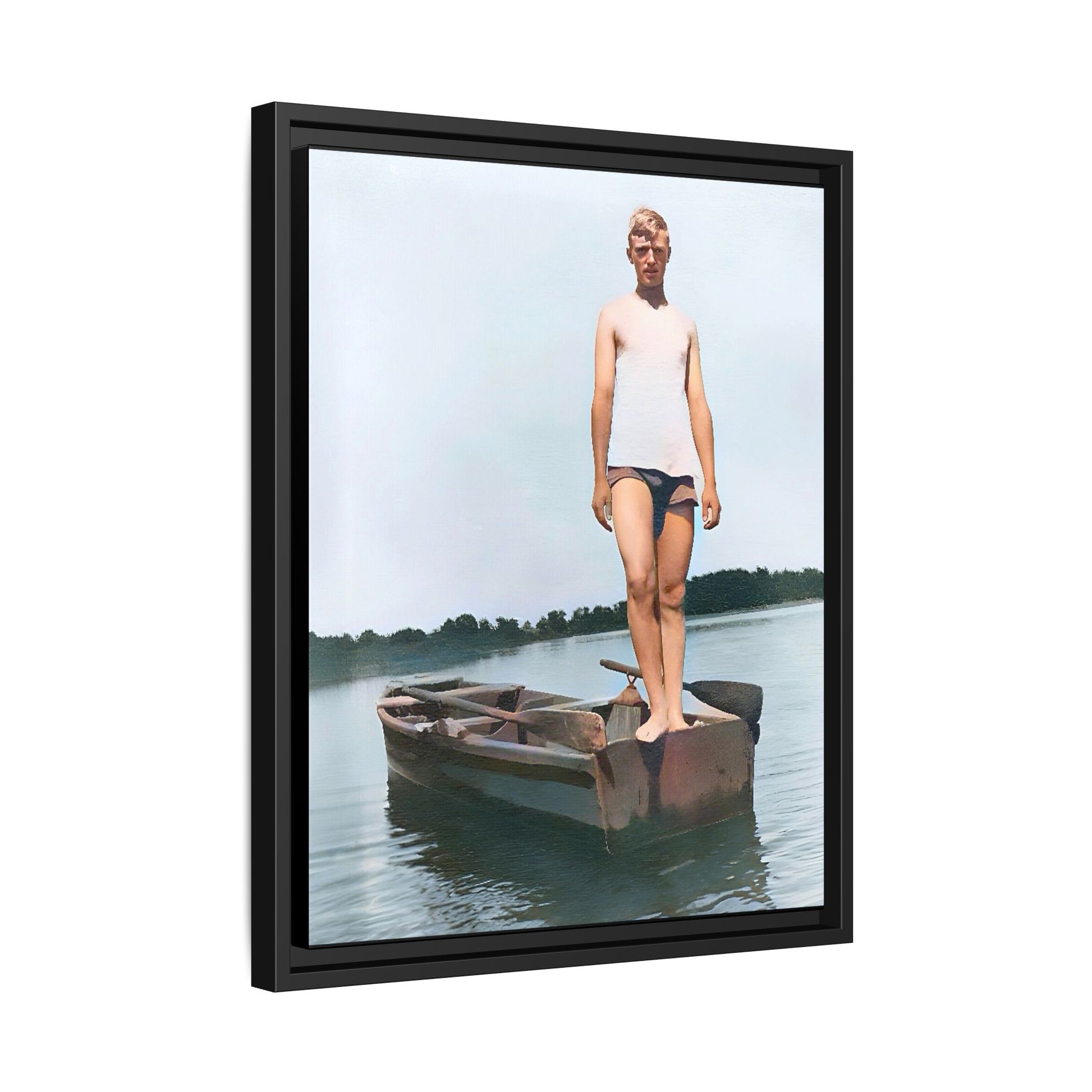 A framed vintage lake portrait on matte canvas featuring George standing on a rowboat at Creve Coeur Lake, Missouri, capturing timeless outdoor nostalgia.