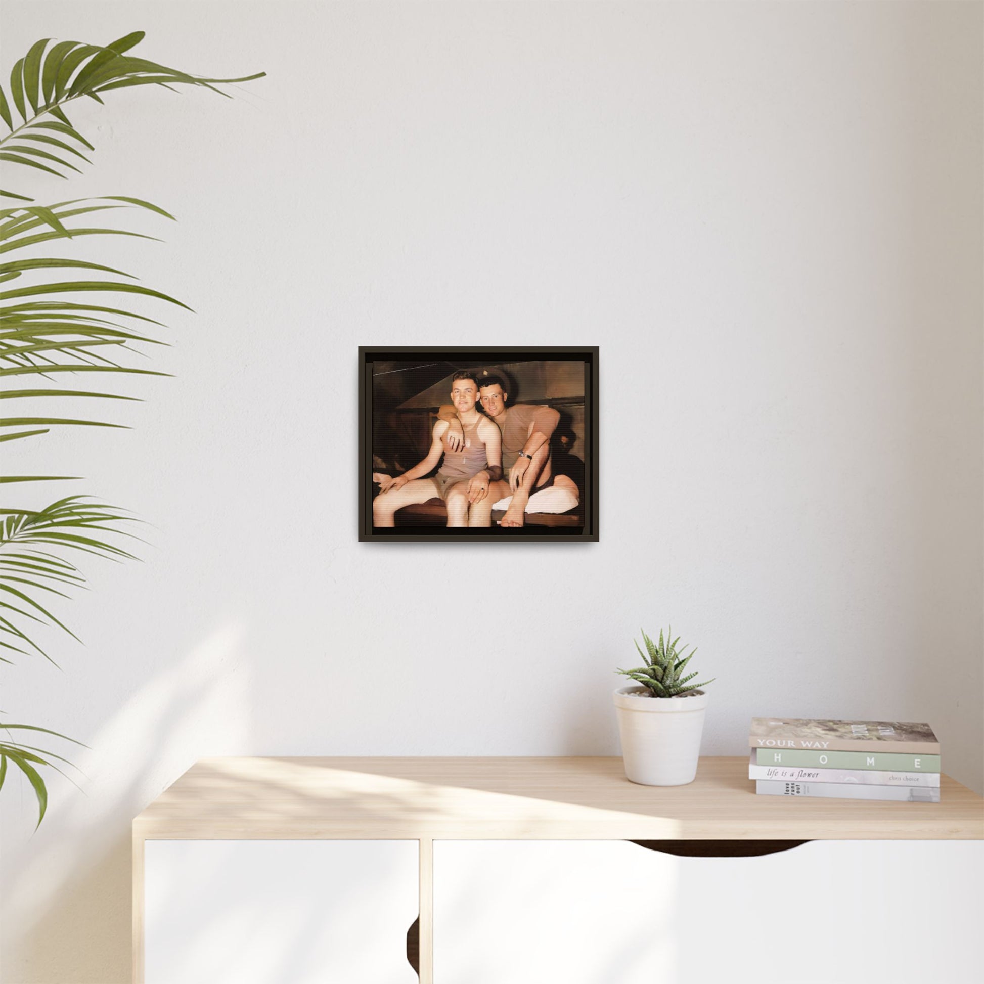 Barracks, Oahu. This framed canvas print honors LGBTQ+ history, military camaraderie, and timeless love, making it a unique and meaningful piece for collectors and history enthusiasts.