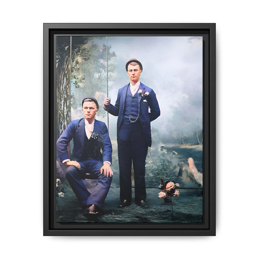 A restored vintage portrait of David & Earnest in Monongahela City, Pennsylvania. This framed matte canvas honors LGBTQ+ history, elegance, and enduring love. Gay Couple
