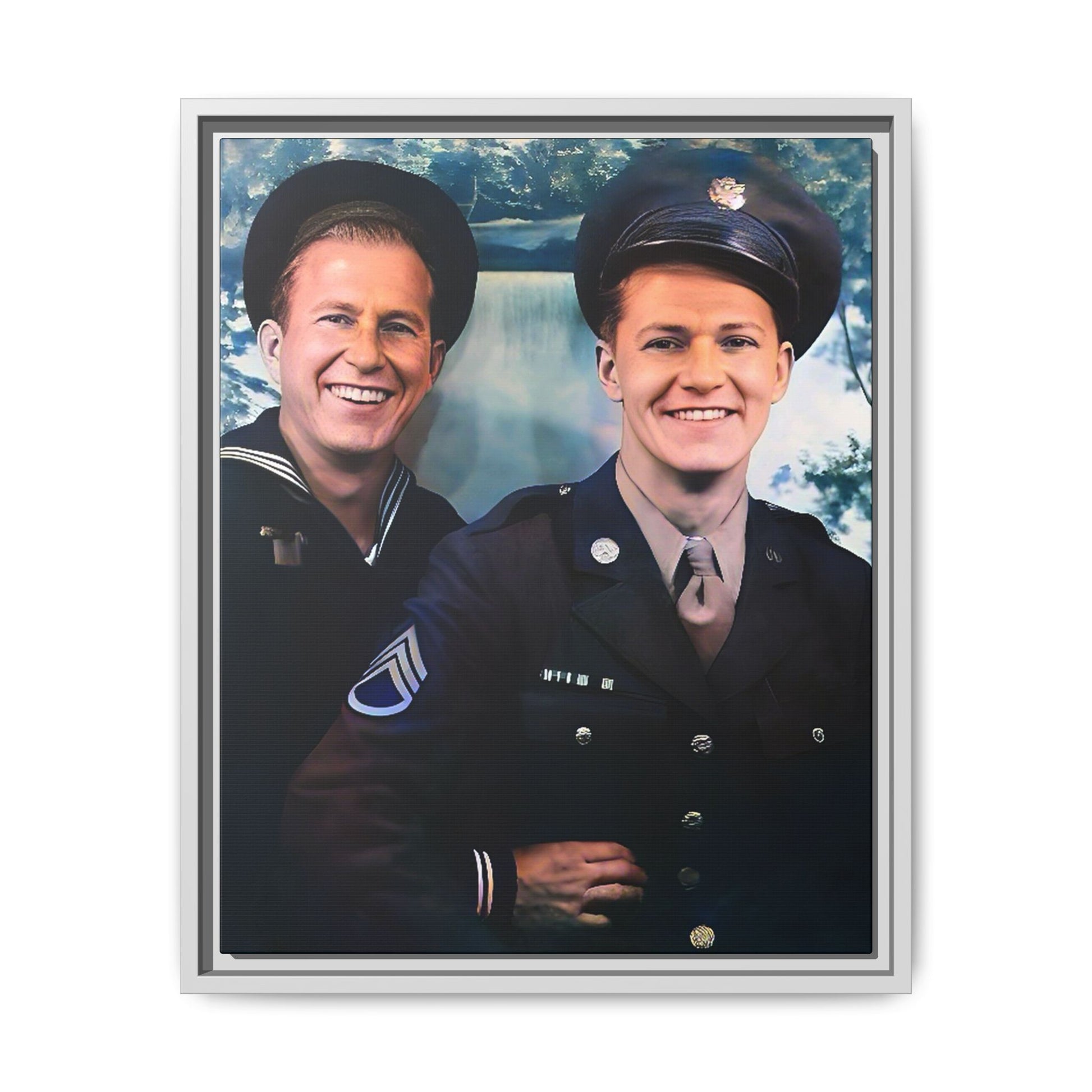 A framed vintage military portrait on matte canvas featuring a sailor and a soldier in Scapa Flow, Scotland, symbolizing service and camaraderie. Gay Couple