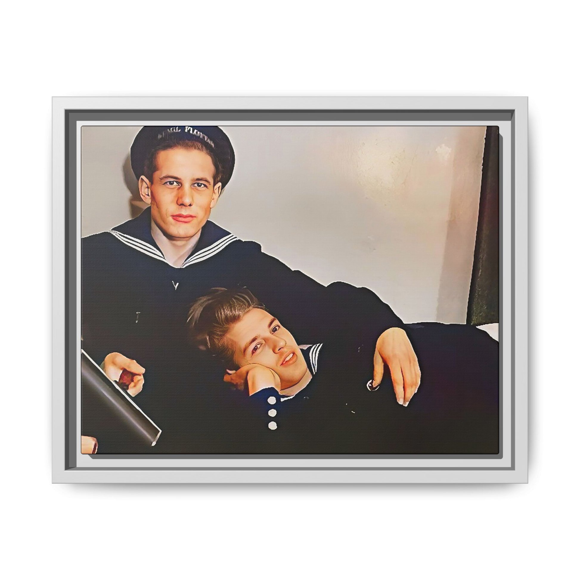 Framed vintage gay sailor portrait of Dmitriy and Mischa in navy uniforms, Sochi, Russia