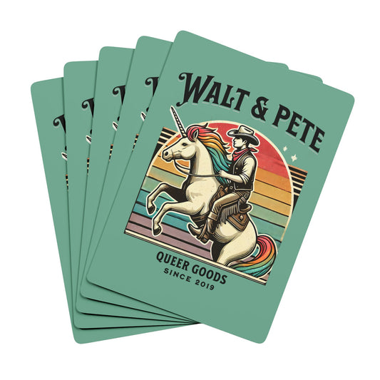 Illustration of a cowboy riding a rainbow unicorn against a retro sunset, symbolizing LGBTQ+ pride and queer resilience.