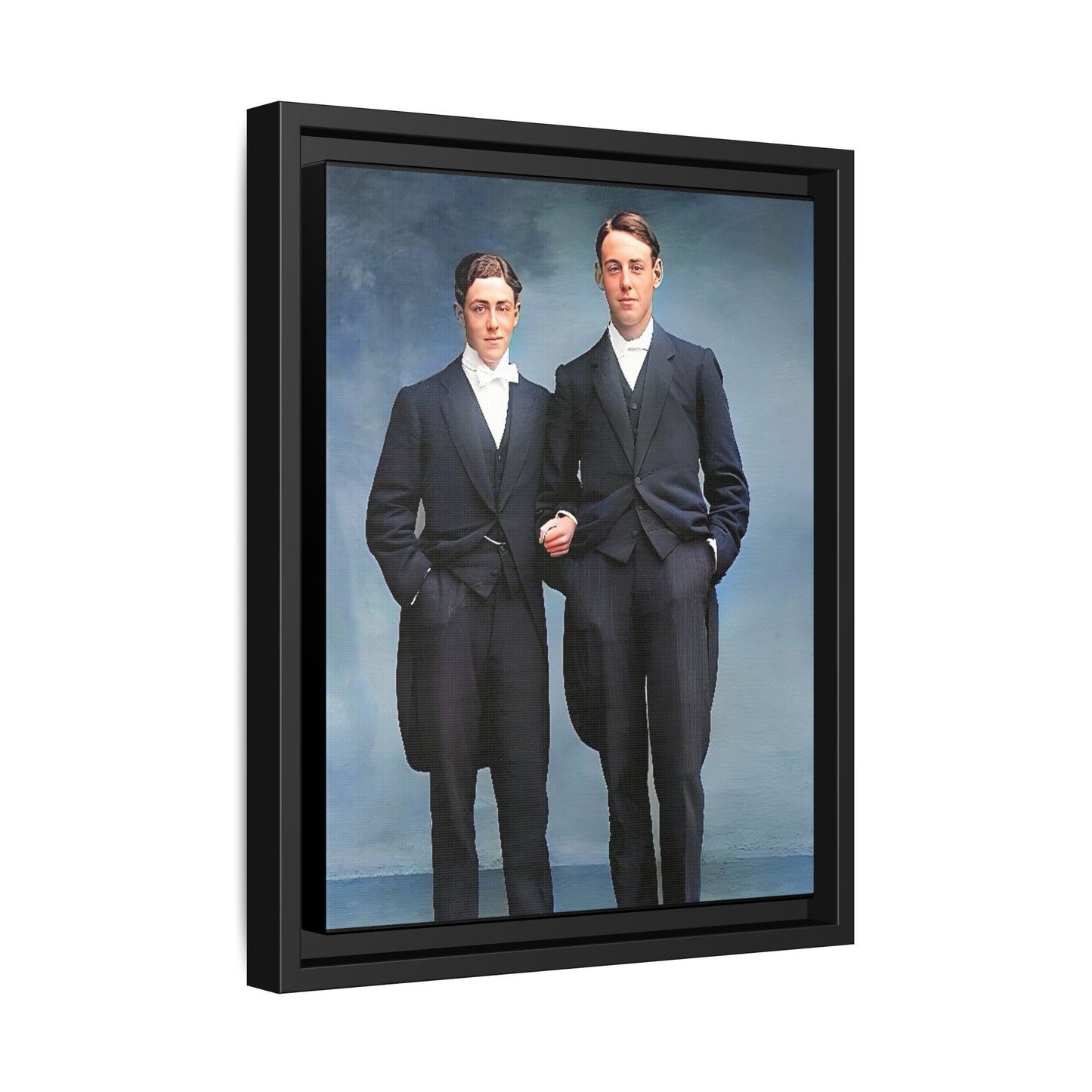 A framed vintage photo on matte canvas featuring a sophisticated LGBTQ+ couple in Rumson, NJ, capturing elegance and timeless love. Gay Formal Prom