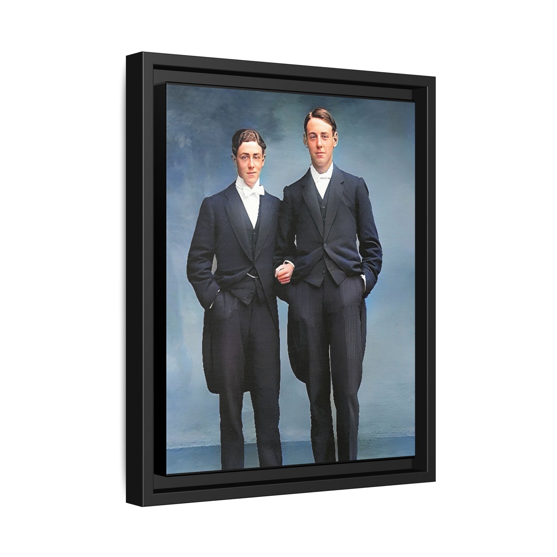 A framed vintage photo on matte canvas featuring a sophisticated LGBTQ+ couple in Rumson, NJ, capturing elegance and timeless love. Gay Formal Prom