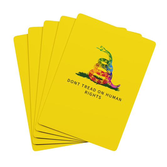 LGBTQ+ Gadsden Flag poker cards featuring a rainbow-colored rattlesnake and the message ‘Don't Tread on Human Rights.
