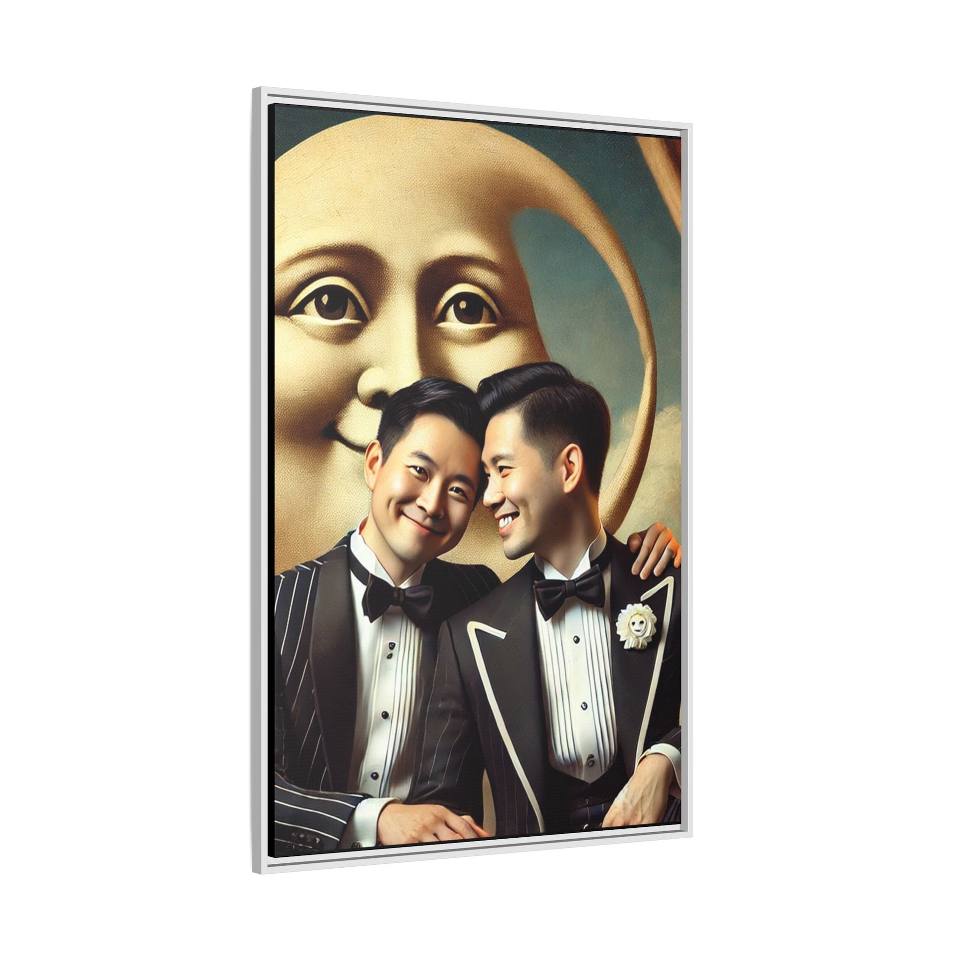 Framed matte canvas featuring a joyful queer Asian couple in tuxedos standing beneath a crescent moon. This artwork, part of the Missing Art Studies series, reimagines erased queer histories with warmth, dignity, and vintage-inspired style.