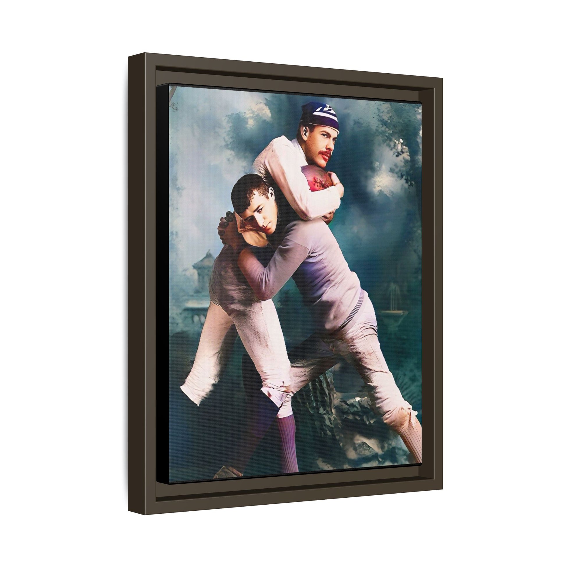 A framed vintage sports portrait on matte canvas featuring Theodore and Patrick in Chapel Hill, North Carolina, capturing timeless strength, camaraderie, and connection.