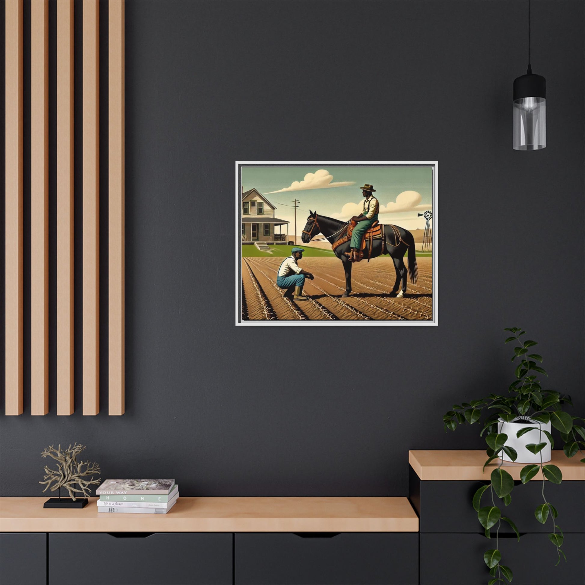 Artwork of an African American queer couple working together on a farm in a serene, vintage-inspired landscape. One man sits on horseback, gazing warmly at his partner, who examines the soil, symbolizing their partnership in both love and labor. The scene captures resilience, companionship, and the beauty of rural life.
