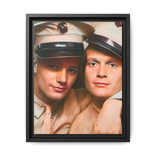 Restored vintage photograph of Paul and Ralph, an early 20th-century LGBTQ+ military couple from Camp Atterbury, Indiana. Framed matte canvas print celebrating love, courage, and LGBTQ+ history. Gay Couple Photo Booth