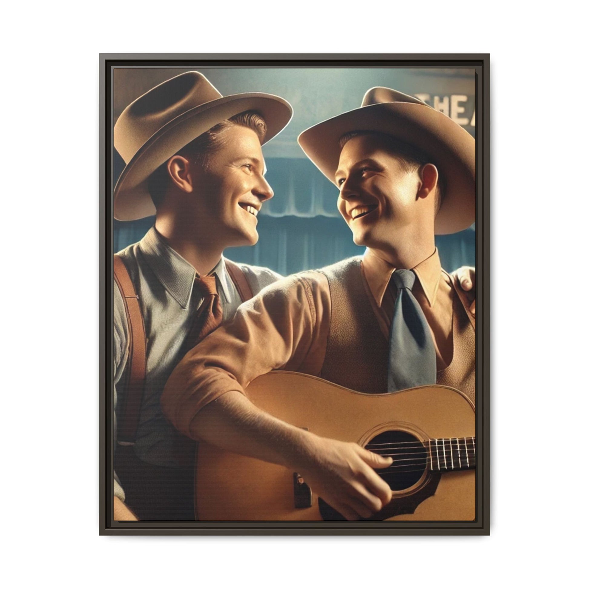 Artwork of a gay couple recording a country-western song in a 1930s-style studio. Dressed in classic Western attire with wide-brimmed hats and button-up shirts, the two men share an affectionate gaze, capturing love and unity in a nostalgic, vintage setting.
