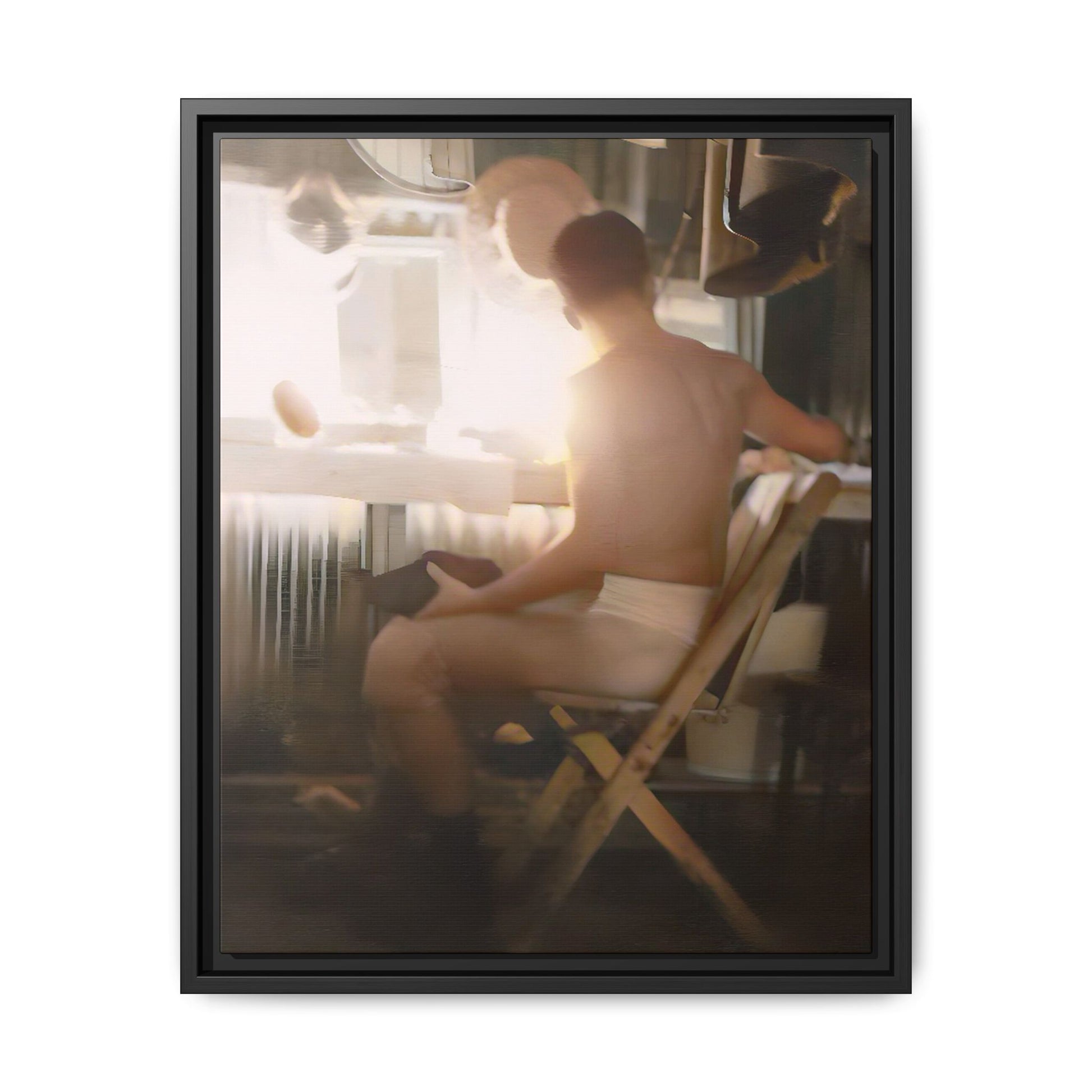 A vintage Hollywood portrait of Hugh in a backstage dressing room. This framed canvas print captures the elegance and mystique of old Hollywood, making it the perfect cinematic decor for film lovers and vintage photography collectors.