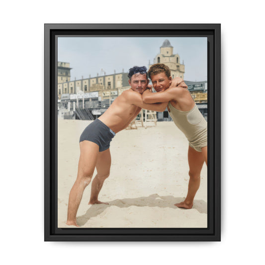 two men athletic pose beach vintage photograph restored