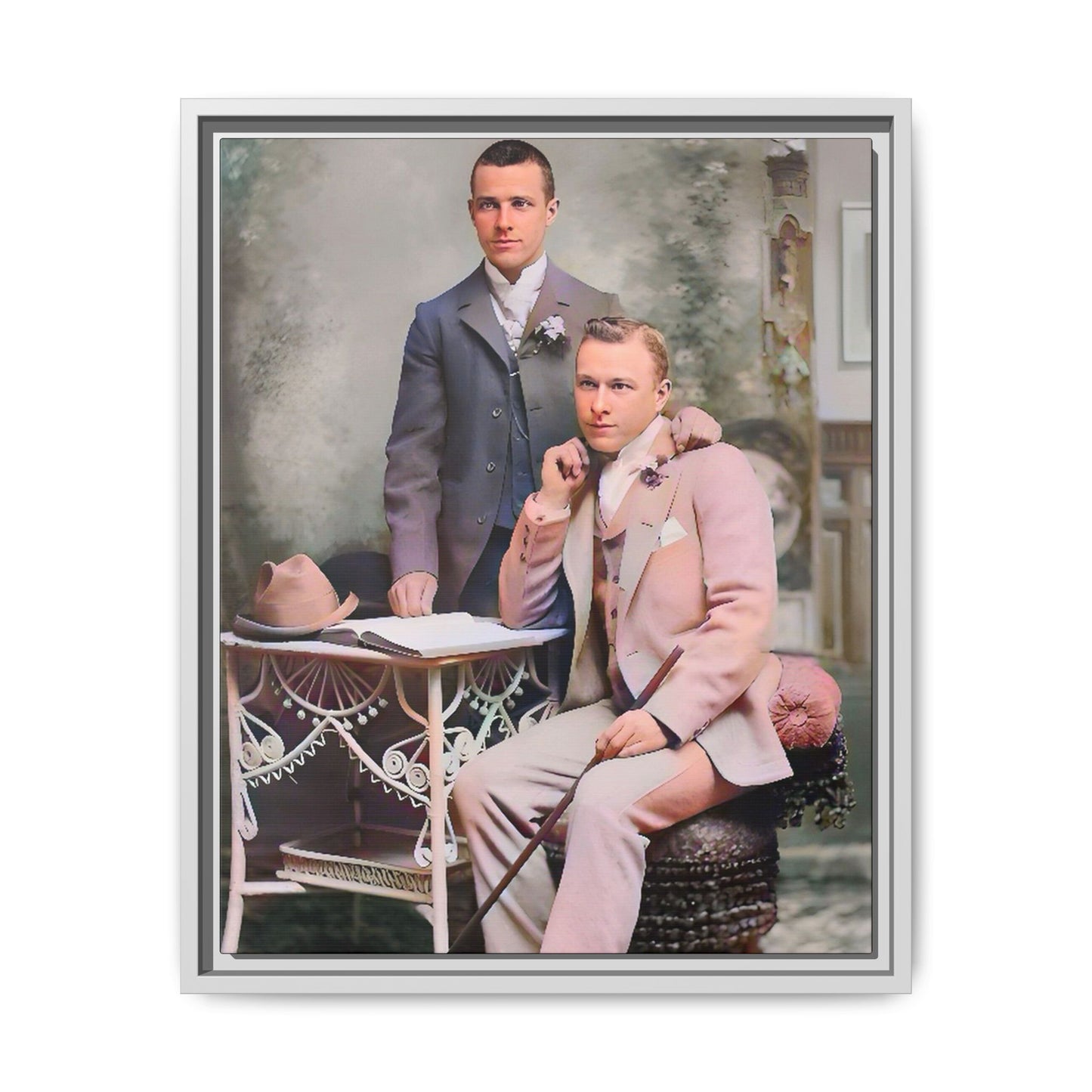 Restored early 1900s photo of Walt and Dewey in tailored suits, posed elegantly in Kansas City, celebrating LGBTQ+ love and resilience, framed as wall art. Gay Coup