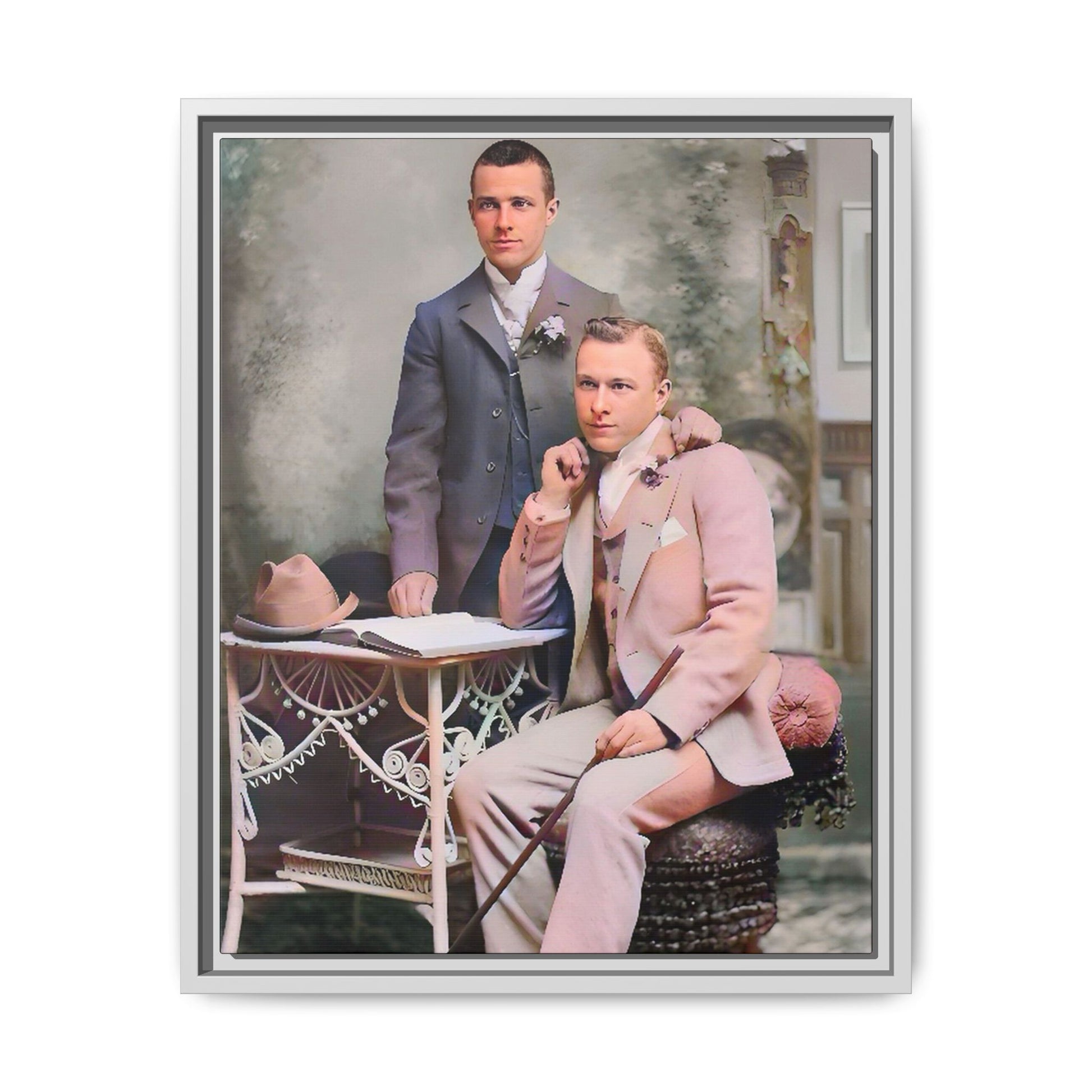 Restored early 1900s photo of Walt and Dewey in tailored suits, posed elegantly in Kansas City, celebrating LGBTQ+ love and resilience, framed as wall art. Gay Coup