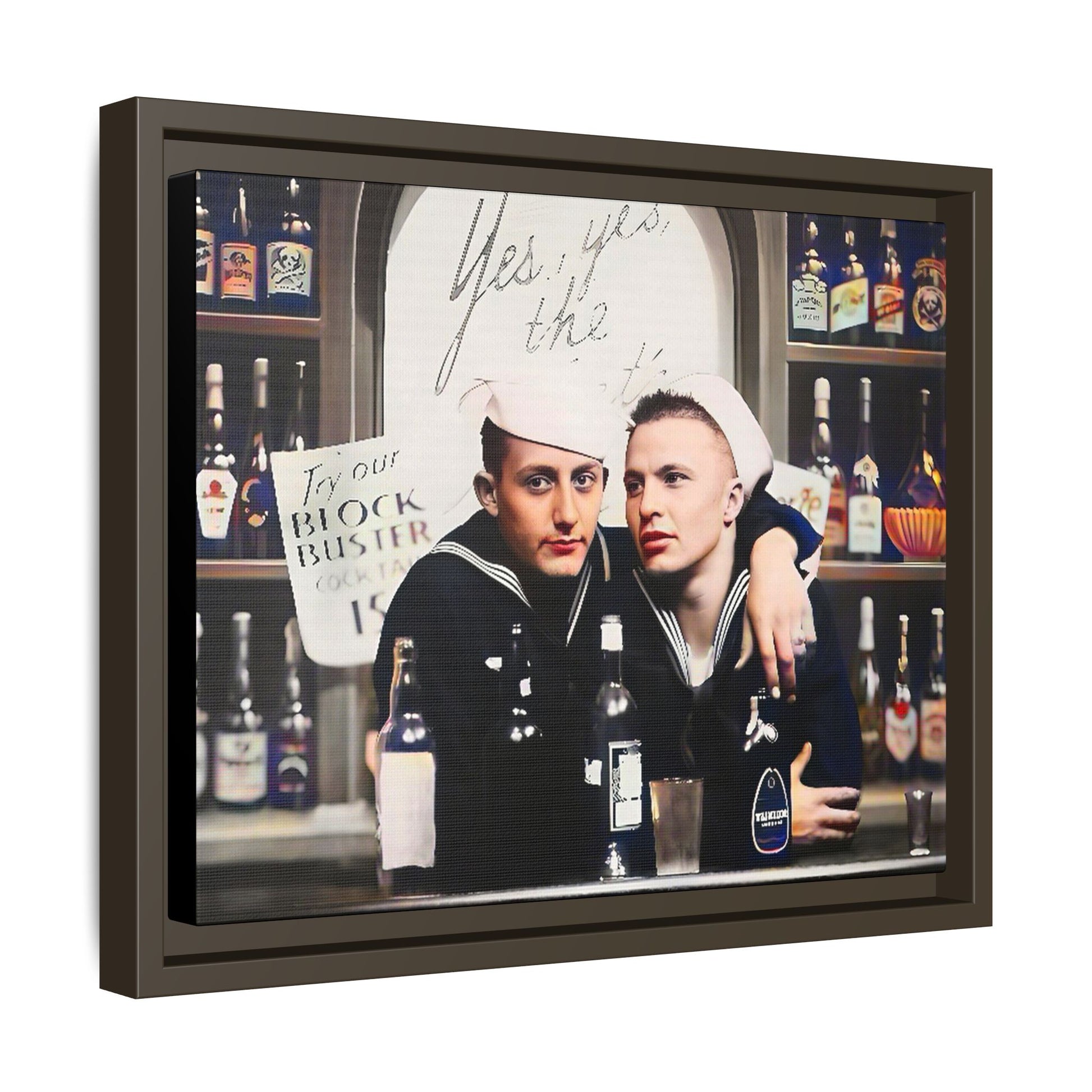 A restored vintage photo of Matt & Cory at Naval Air Station Alameda, CA. This framed matte canvas print captures camaraderie, LGBTQ+ history, and the spirit of military service, making it a unique and nostalgic keepsake for history lovers. Gay Couple Sailors