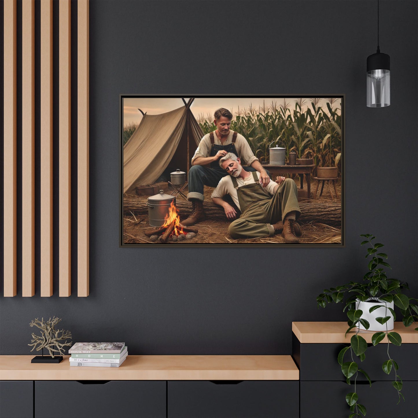Older queer couple sharing a tender moment by the campfire, celebrating love