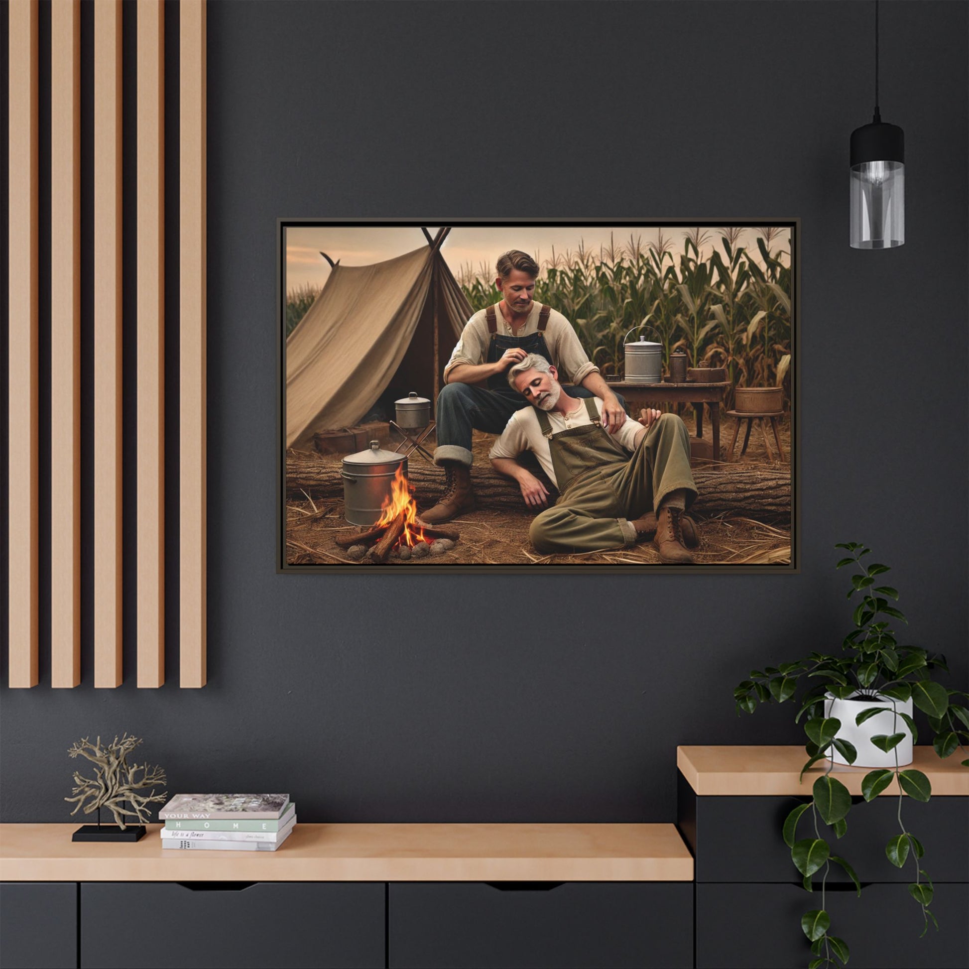 Older queer couple sharing a tender moment by the campfire, celebrating love
