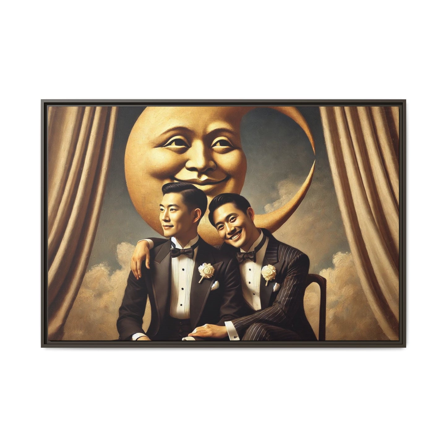 Vintage-inspired artwork of a romantic gay Asian couple in tuxedos sitting affectionately beneath a smiling crescent moon prop, surrounded by vintage stage curtains and dreamy clouds. A reclaimed queer narrative from the Man In The Moon series.