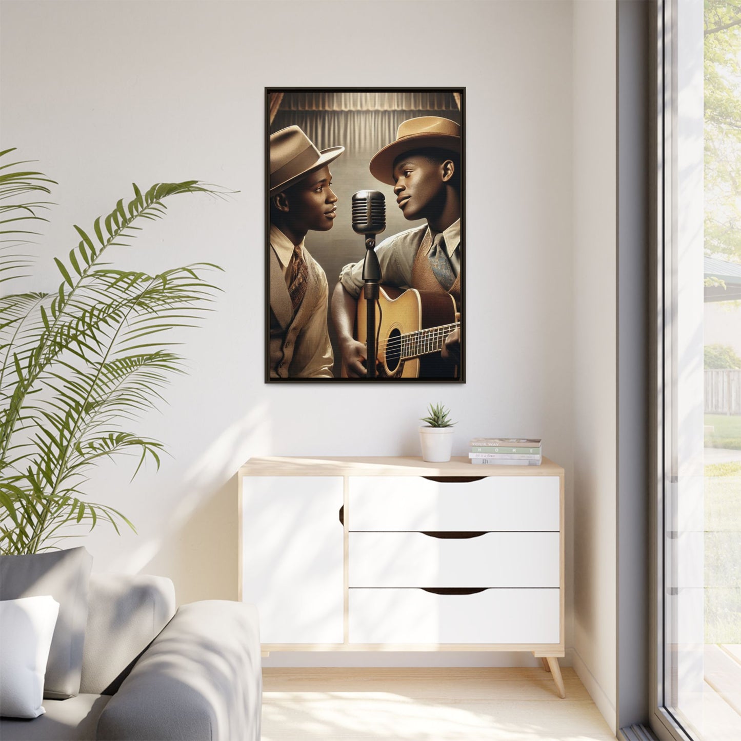 Artwork of an African-American gay couple recording a song in a 1930s-style studio. Dressed in vintage attire with fedoras and ties, they share a close, tender moment around a classic microphone, capturing love, music, and cultural heritage in a nostalgic setting
