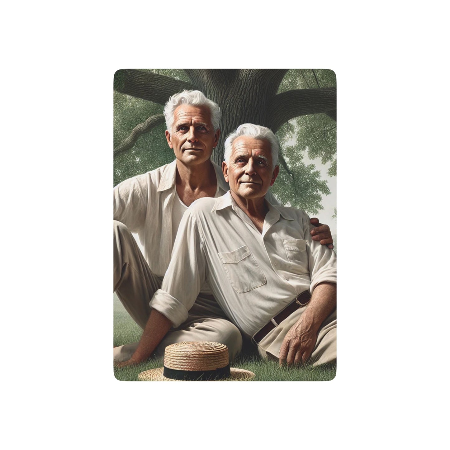 Queer history, 1920s rural Iowa, Grant Wood-inspired art, vintage poker deck, LGBTQ+ love and resilience. Elder Gay Couple