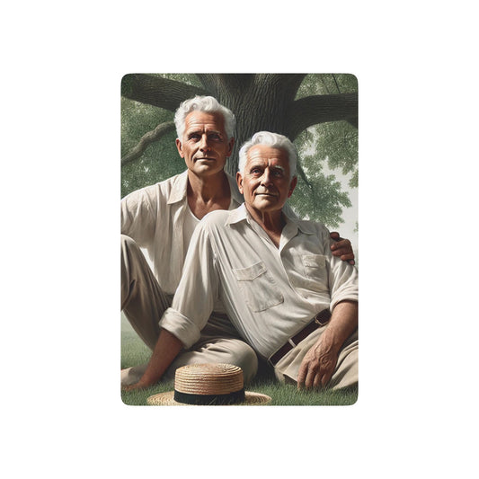 Queer  history, 1920s rural Iowa, Grant Wood-inspired art, vintage poker deck, LGBTQ+ love and resilience. Elder Gay Couple