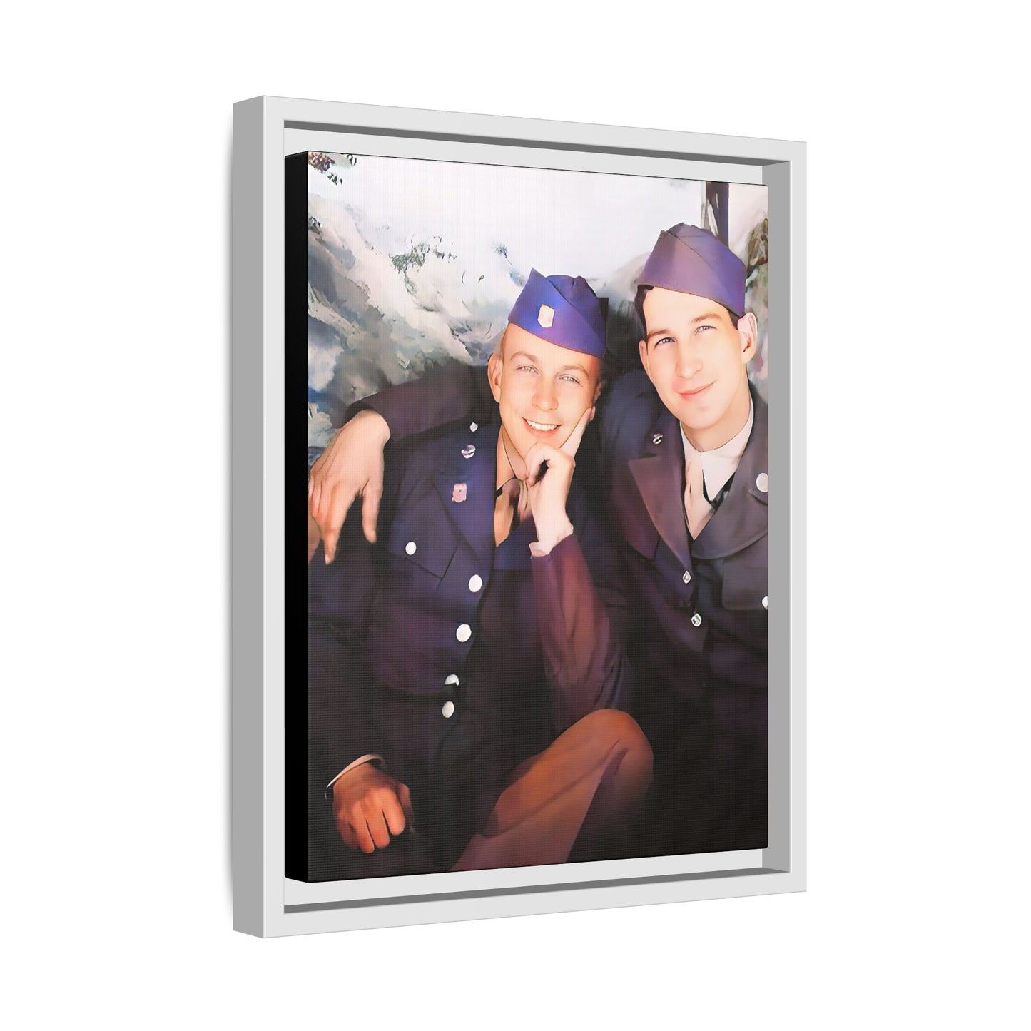 A restored vintage portrait of Willie & Louis at Metro-North Railroad in Harlem, New York. This framed matte canvas celebrates LGBTQ+ history, African American heritage, and timeless love. Gay Couple Love