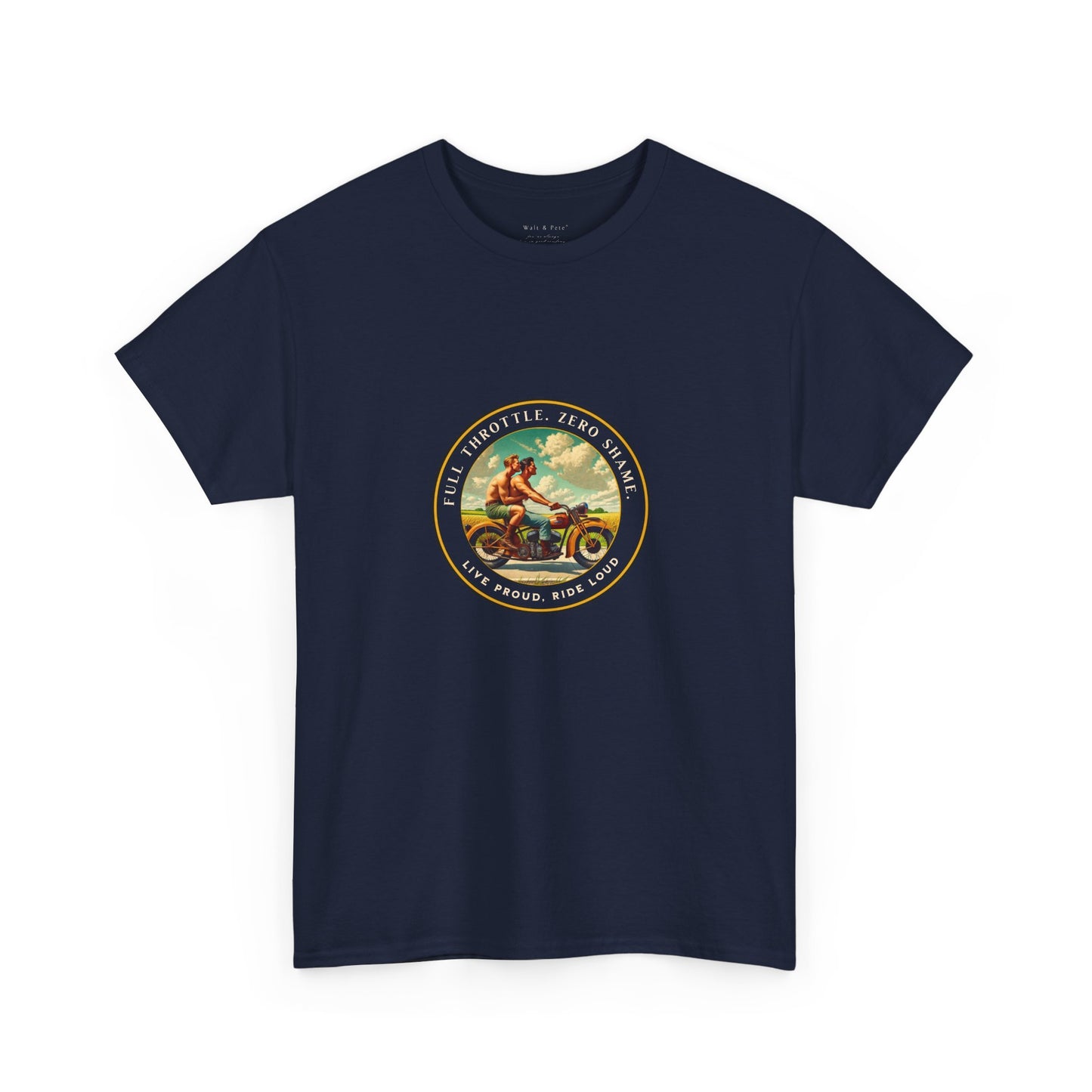 Celebrate queer Latinx pride with this bold vintage-inspired t-shirt from Walt & Pete®. Featuring two shirtless Latino men riding a motorcycle beneath the empowering text “Full Throttle. Zero Shame” and “Live Proud. Ride Loud,” this shirt honors LGBTQ+ love, freedom, and fearless self-expression.