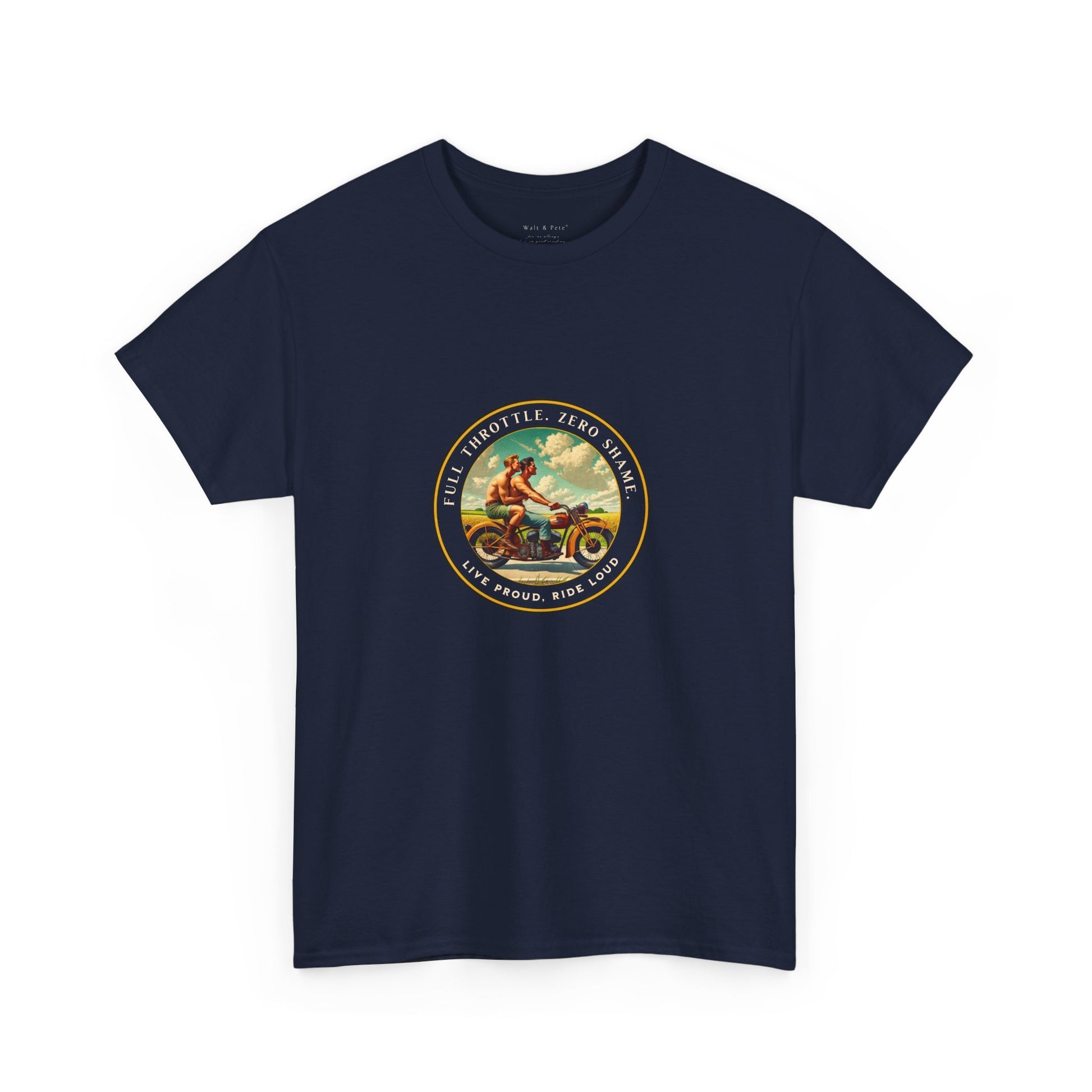 Celebrate queer Latinx pride with this bold vintage-inspired t-shirt from Walt & Pete®. Featuring two shirtless Latino men riding a motorcycle beneath the empowering text “Full Throttle. Zero Shame” and “Live Proud. Ride Loud,” this shirt honors LGBTQ+ love, freedom, and fearless self-expression.