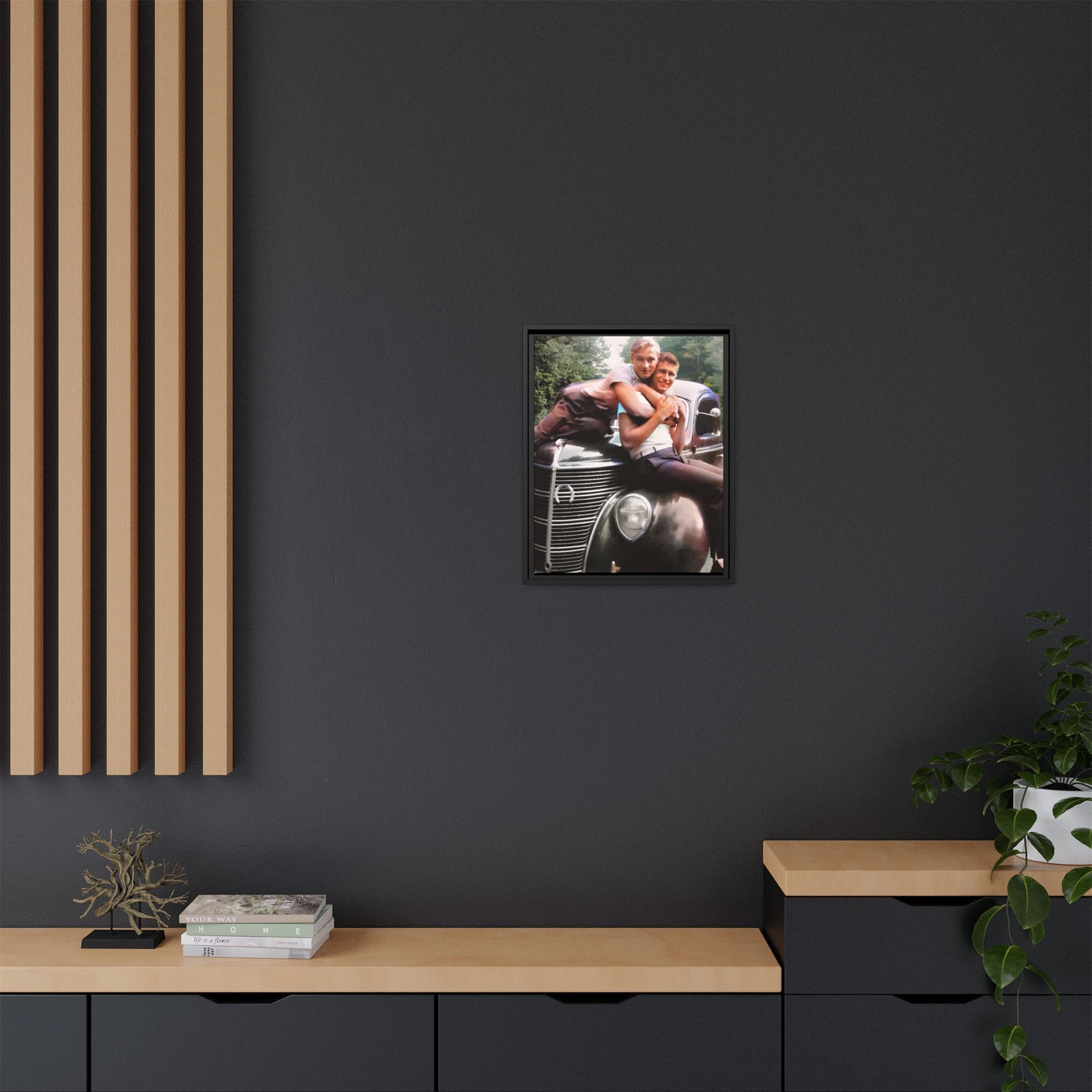 Vintage LGBTQ+ love portrait of Kent & Jamie in Watkins Glen, NY. A nostalgic moment on a classic car, now a museum-quality matte canvas print with handcrafted frame options. Perfect for collectors and those celebrating LGBTQ+ history. Gay Couple