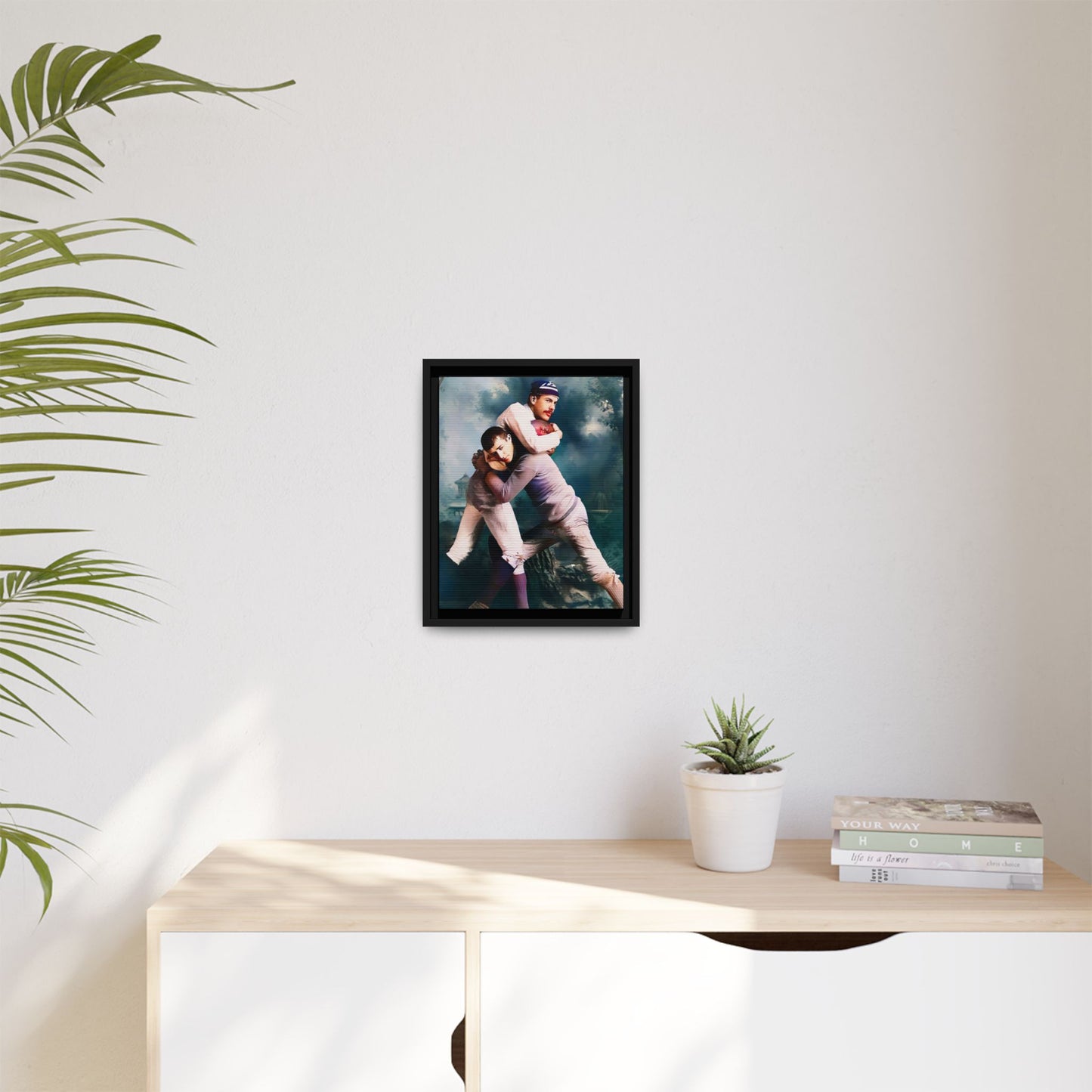 A framed vintage sports portrait on matte canvas featuring Theodore and Patrick in Chapel Hill, North Carolina, capturing timeless strength, camaraderie, and connection.